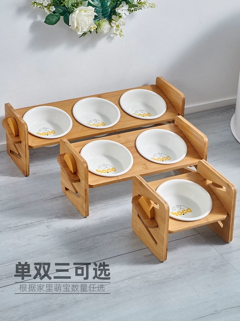 HOCC W系列 可调节木架斜口 宠物陶瓷碗 保护颈椎