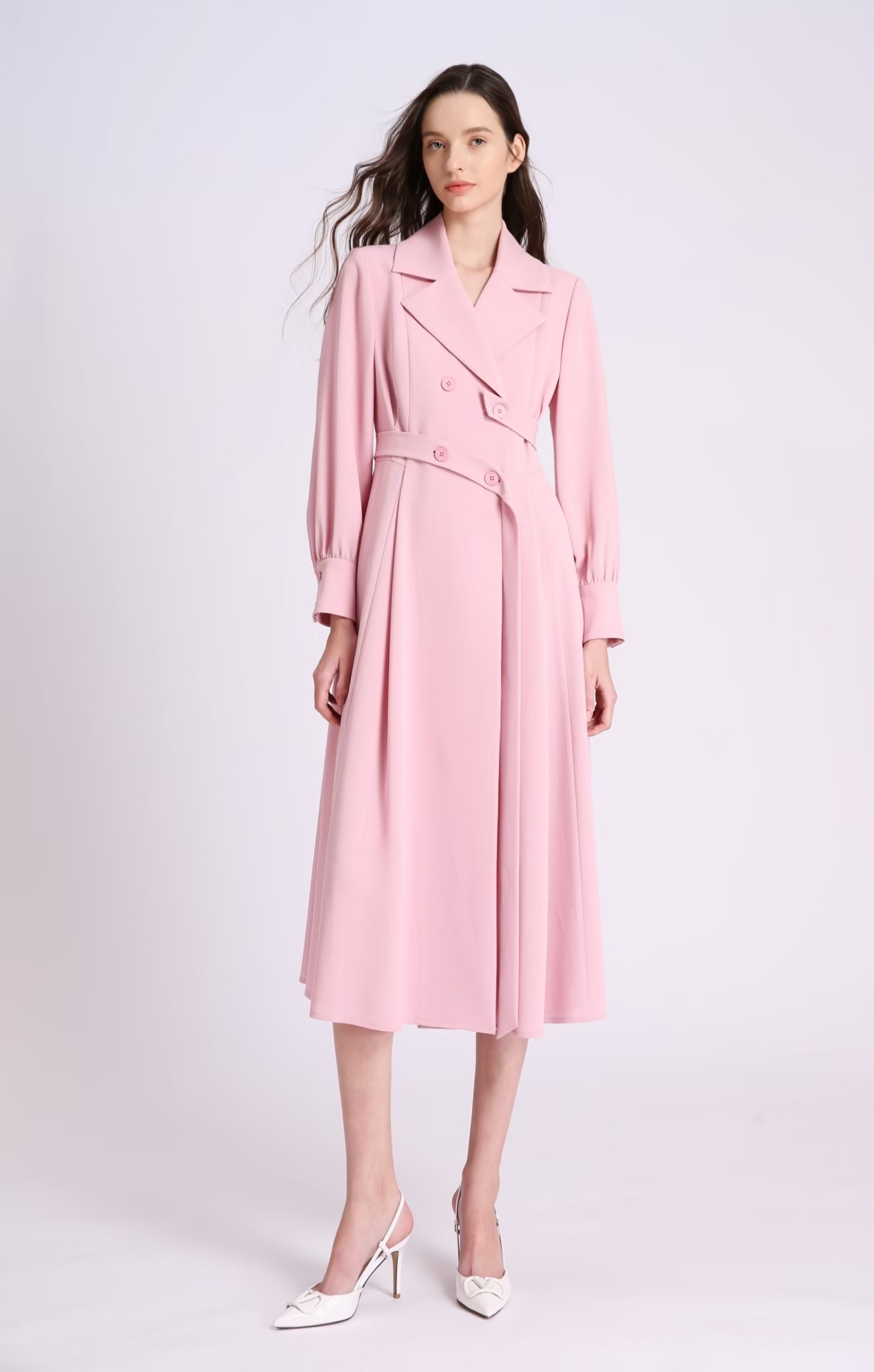 BD15057D2 粉光香頌風衣式綁帶長洋 (附布腰帶)