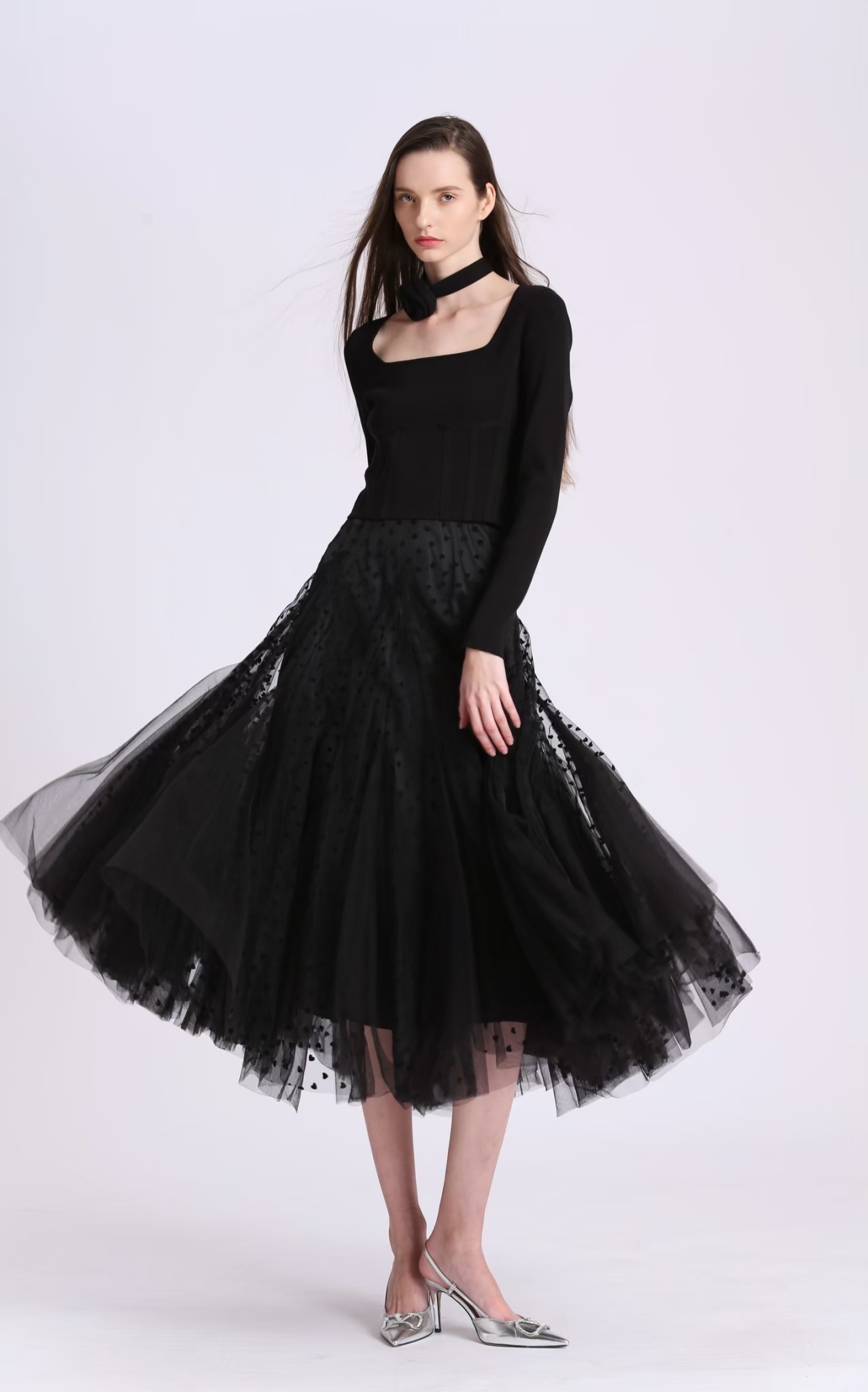 BD15757C1 巴黎夜點天鵝絨感透紗拼接中長裙