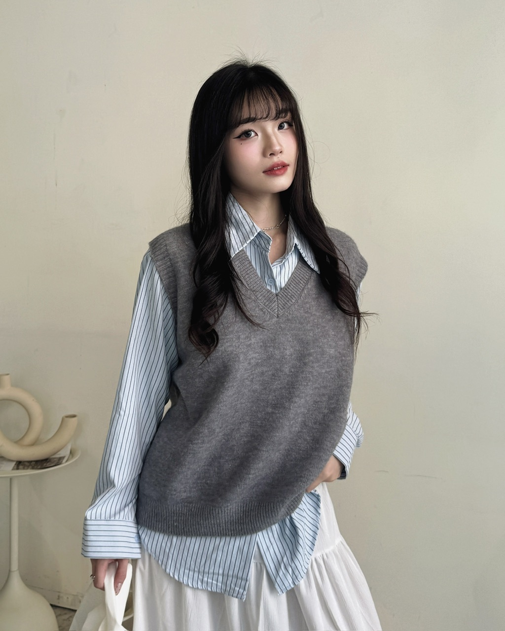 日常百搭直條紋襯衫背心套裝(背心+襯衫)-0996-3996