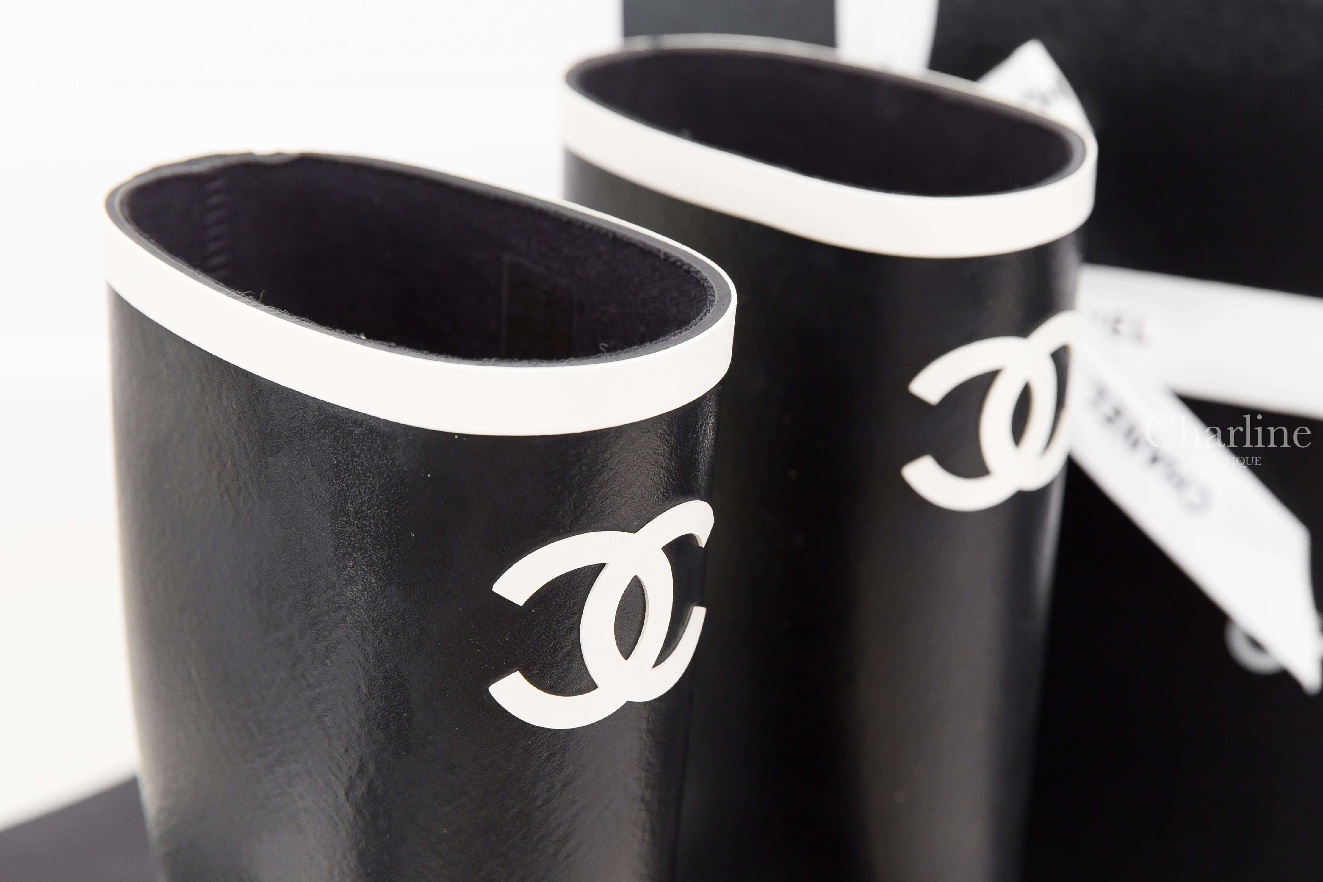 Chanel High Boots 黑色白CC白滾邊後跟字母橡膠雨靴