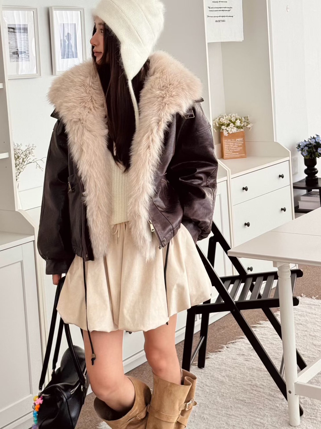 麂皮絨泡泡褲裙