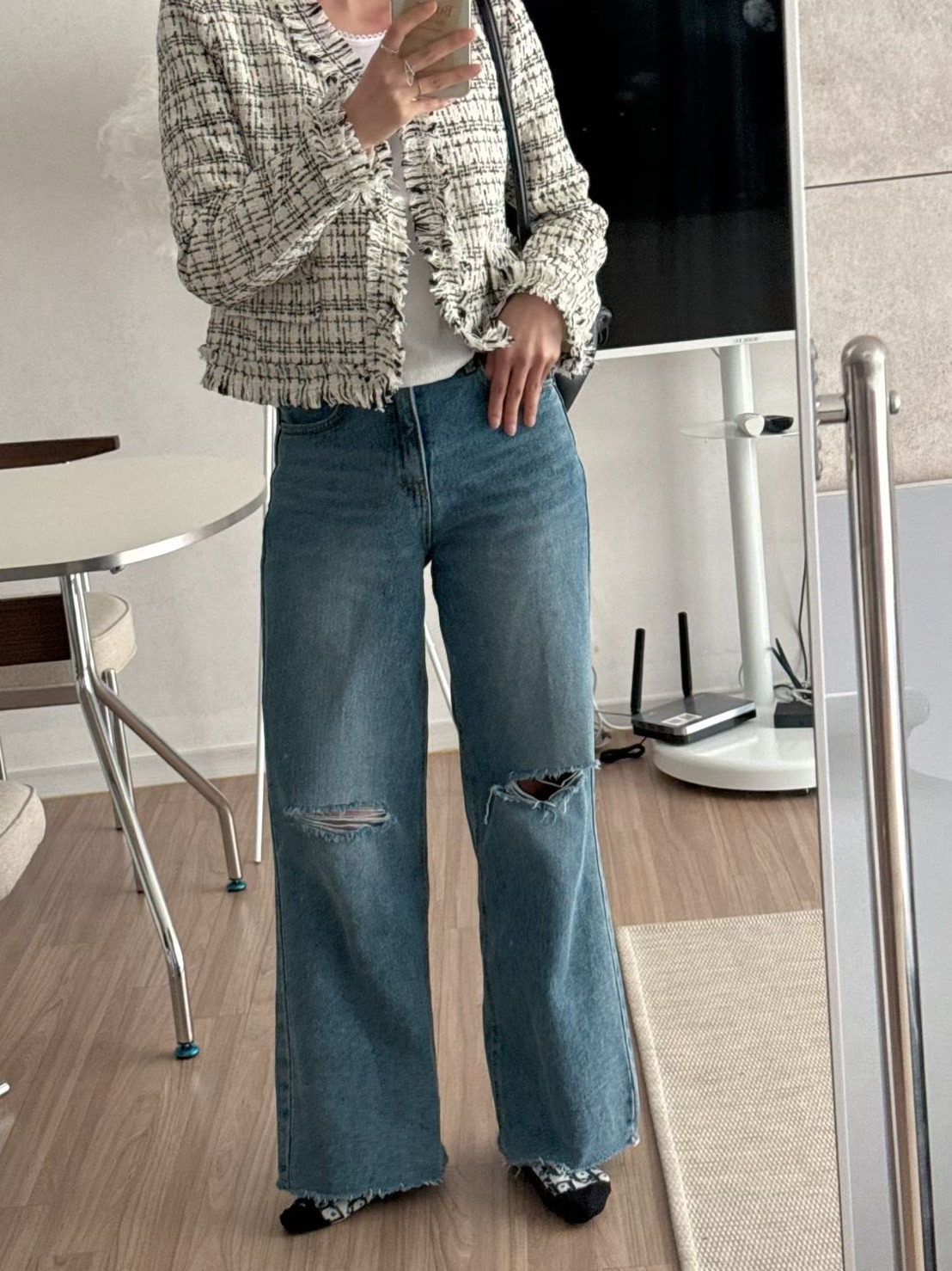 膝蓋破損牛仔長褲