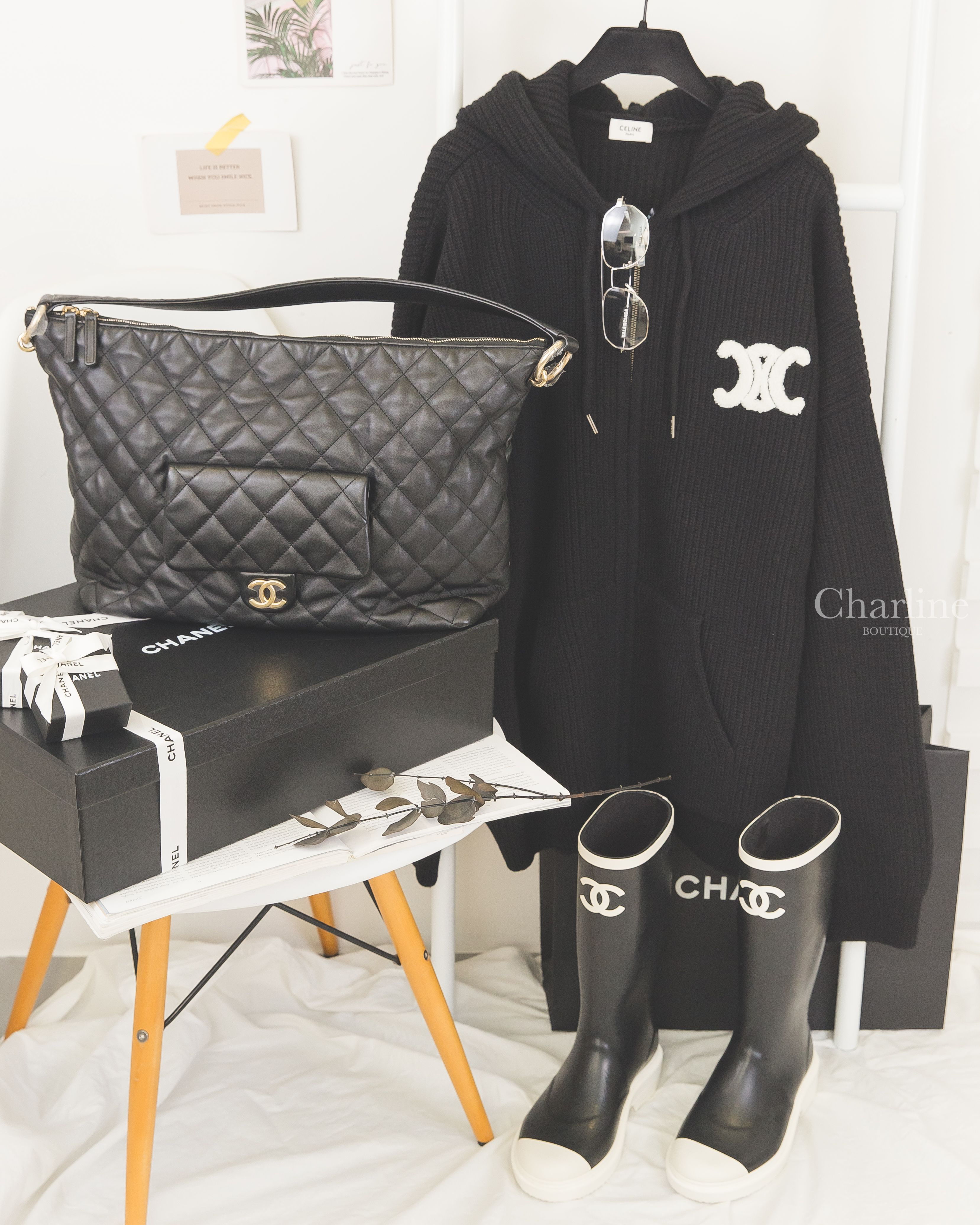 Balenciaga 銀色飛行員邊框側邊橡膠方塊平光眼鏡,Chanel 黑色白CC白滾邊橡膠雨靴,Chanel 黑色金CC酒紅內裡特大型牛皮菱格紋手提肩背包,Celine 黑色白色凱旋門刺繡羊毛連帽外套-Charline Boutique 精品代購
