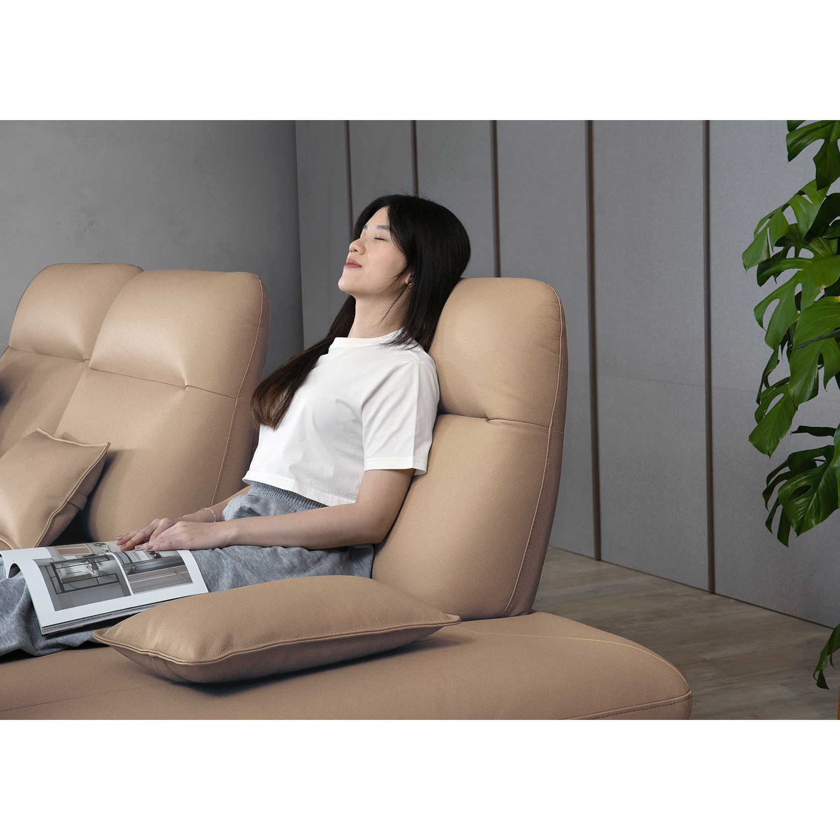 Lovy 後推式牛皮沙發- 奶茶褐〔SF9547〕