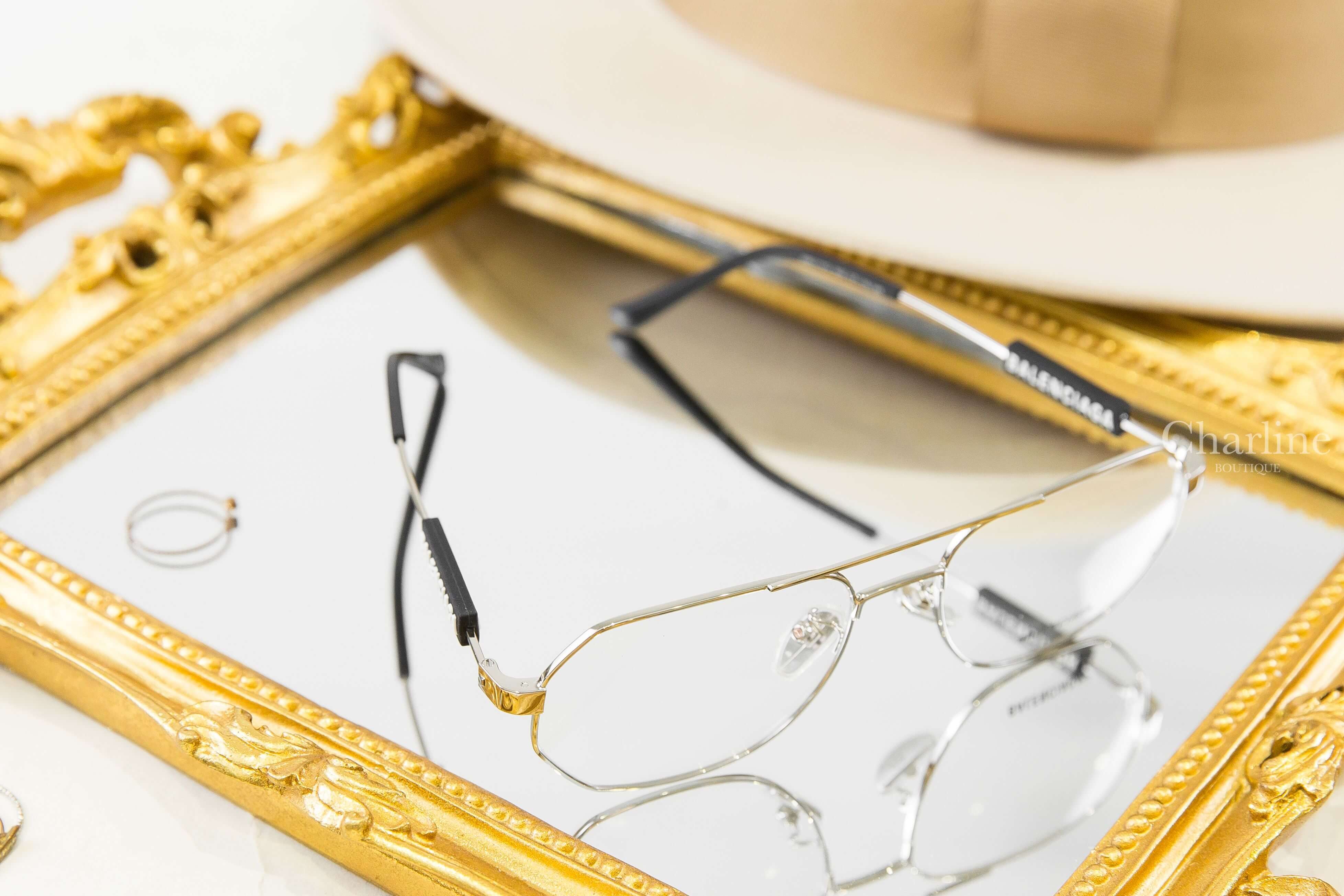Balenciaga Glasses 銀色飛行員邊框側邊黑底白字橡膠方塊平光眼鏡-Charline Boutique 精品代購
