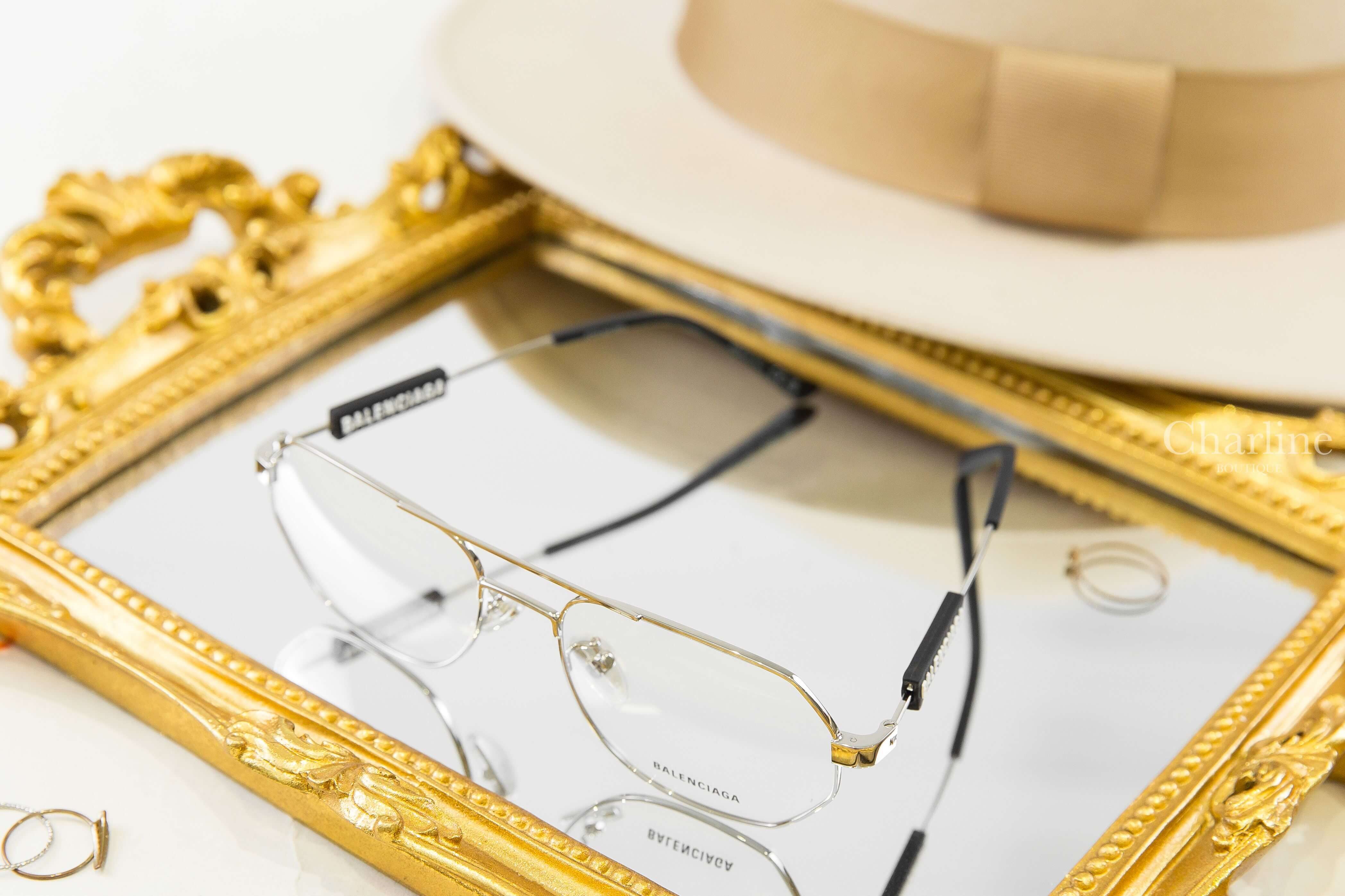 Balenciaga Glasses 銀色飛行員邊框側邊黑底白字橡膠方塊平光眼鏡-Charline Boutique 精品代購