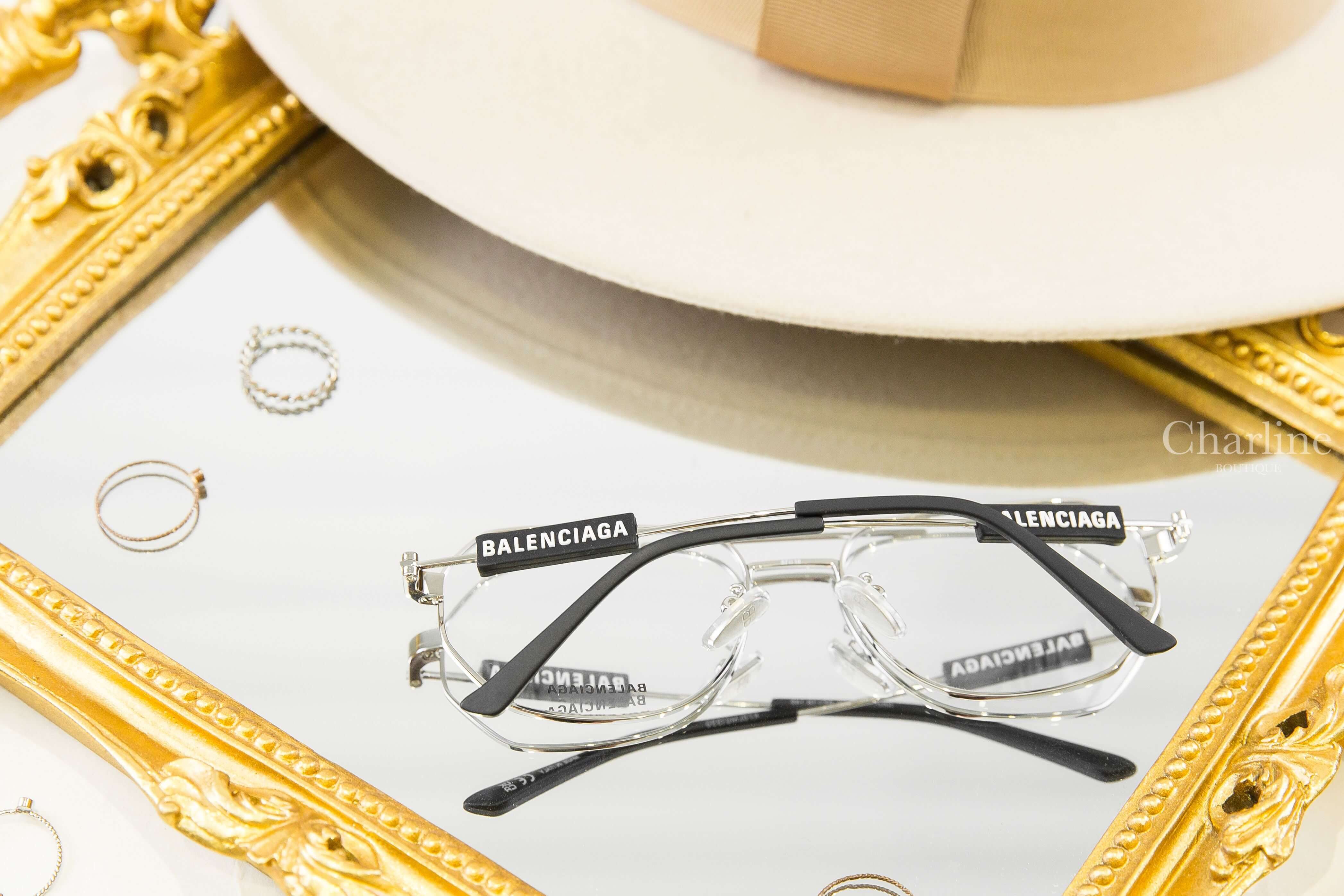 Balenciaga Glasses 銀色飛行員邊框側邊黑底白字橡膠方塊平光眼鏡-Charline Boutique 精品代購