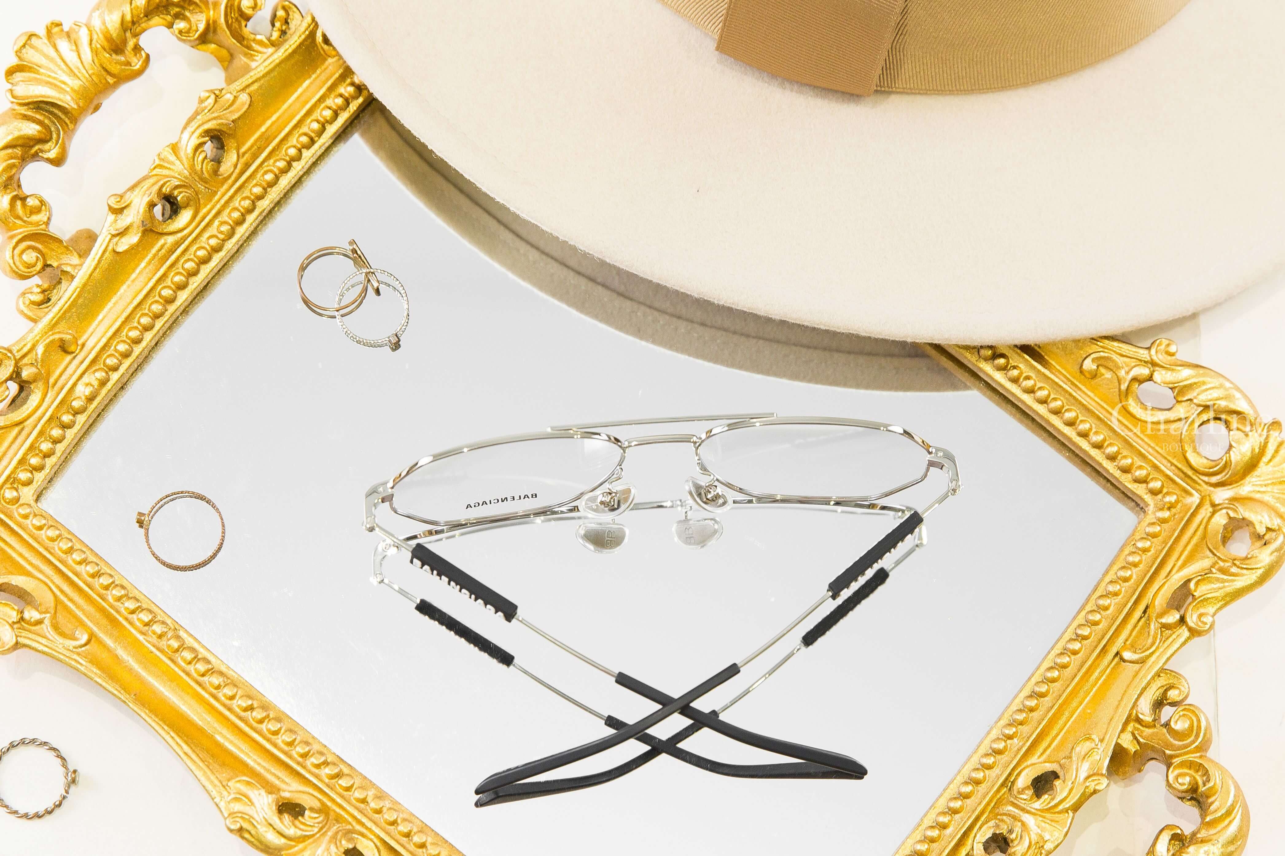 Balenciaga Glasses 銀色飛行員邊框側邊黑底白字橡膠方塊平光眼鏡-Charline Boutique 精品代購