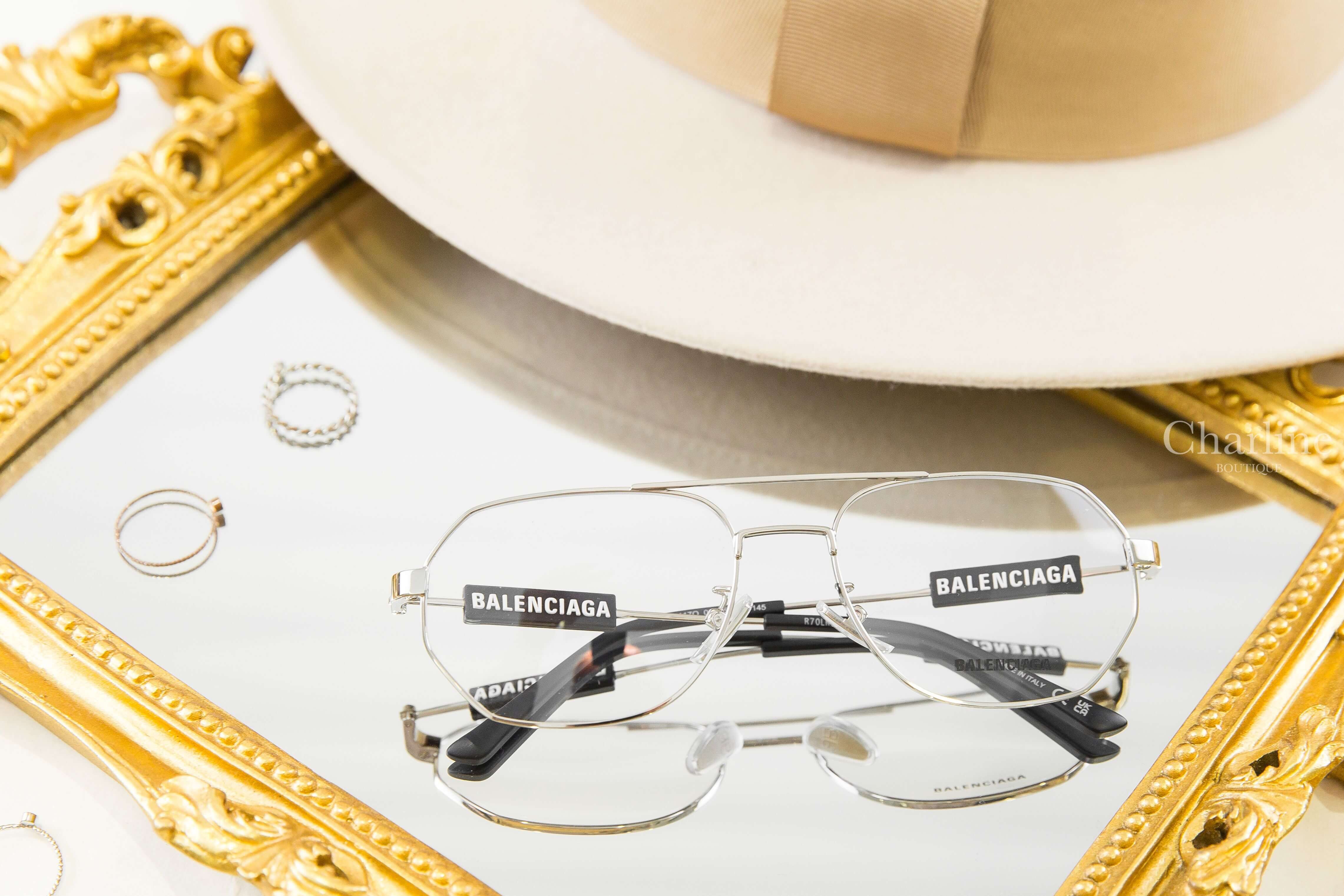 Balenciaga Glasses 銀色飛行員邊框側邊黑底白字橡膠方塊平光眼鏡-Charline Boutique 精品代購