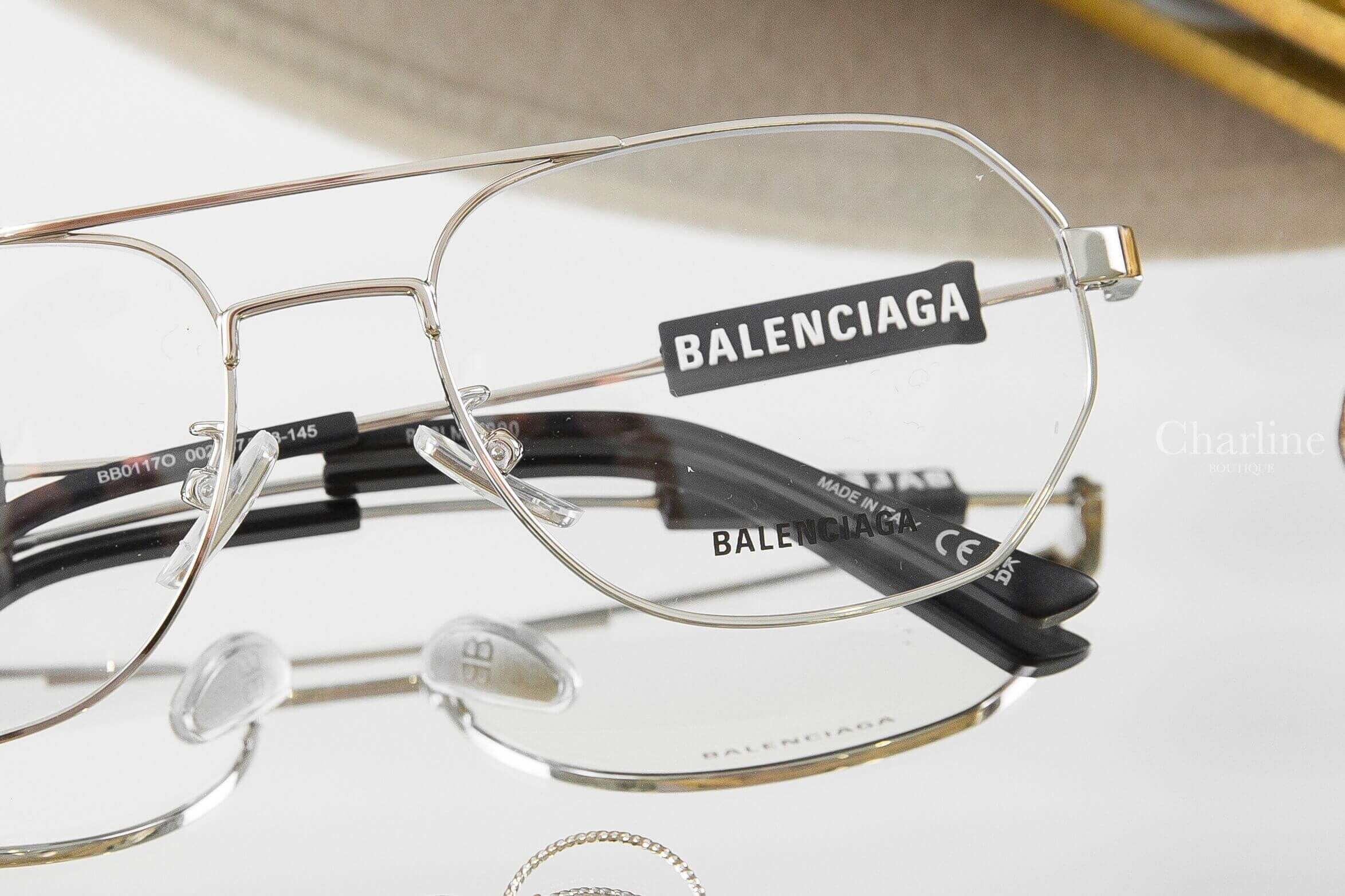 Balenciaga Glasses 銀色飛行員邊框側邊黑底白字橡膠方塊平光眼鏡