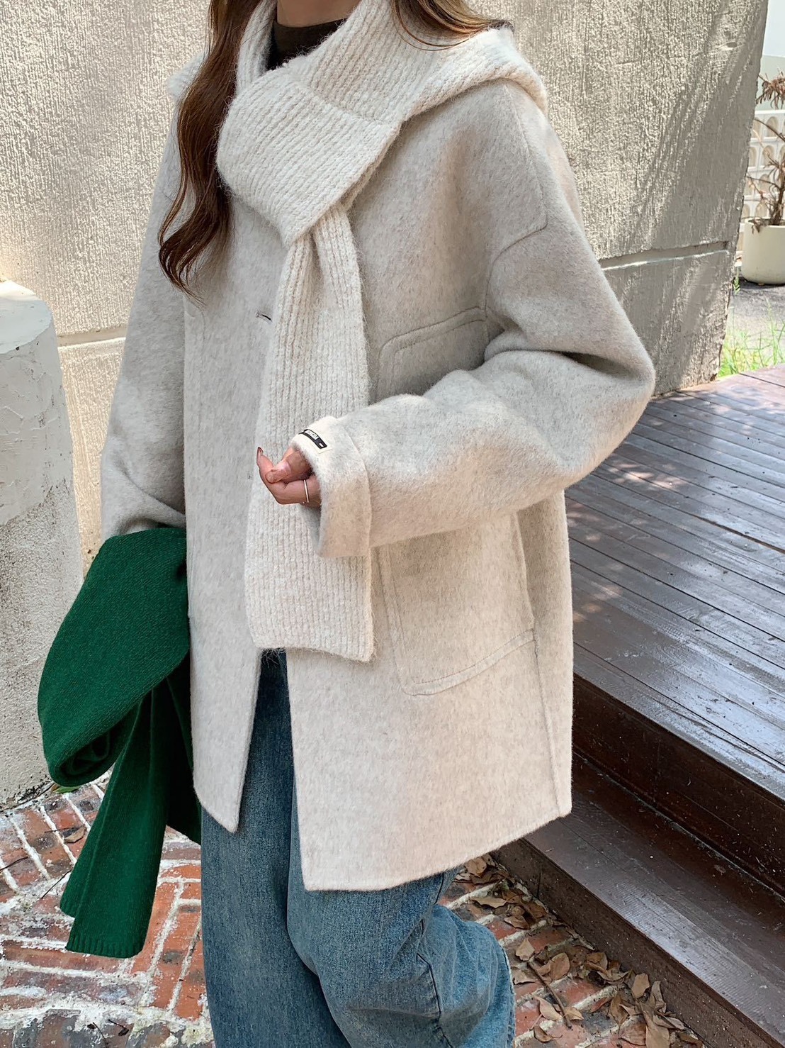 LYS-韓系單排扣針織圍巾中長款雙面羊毛大衣