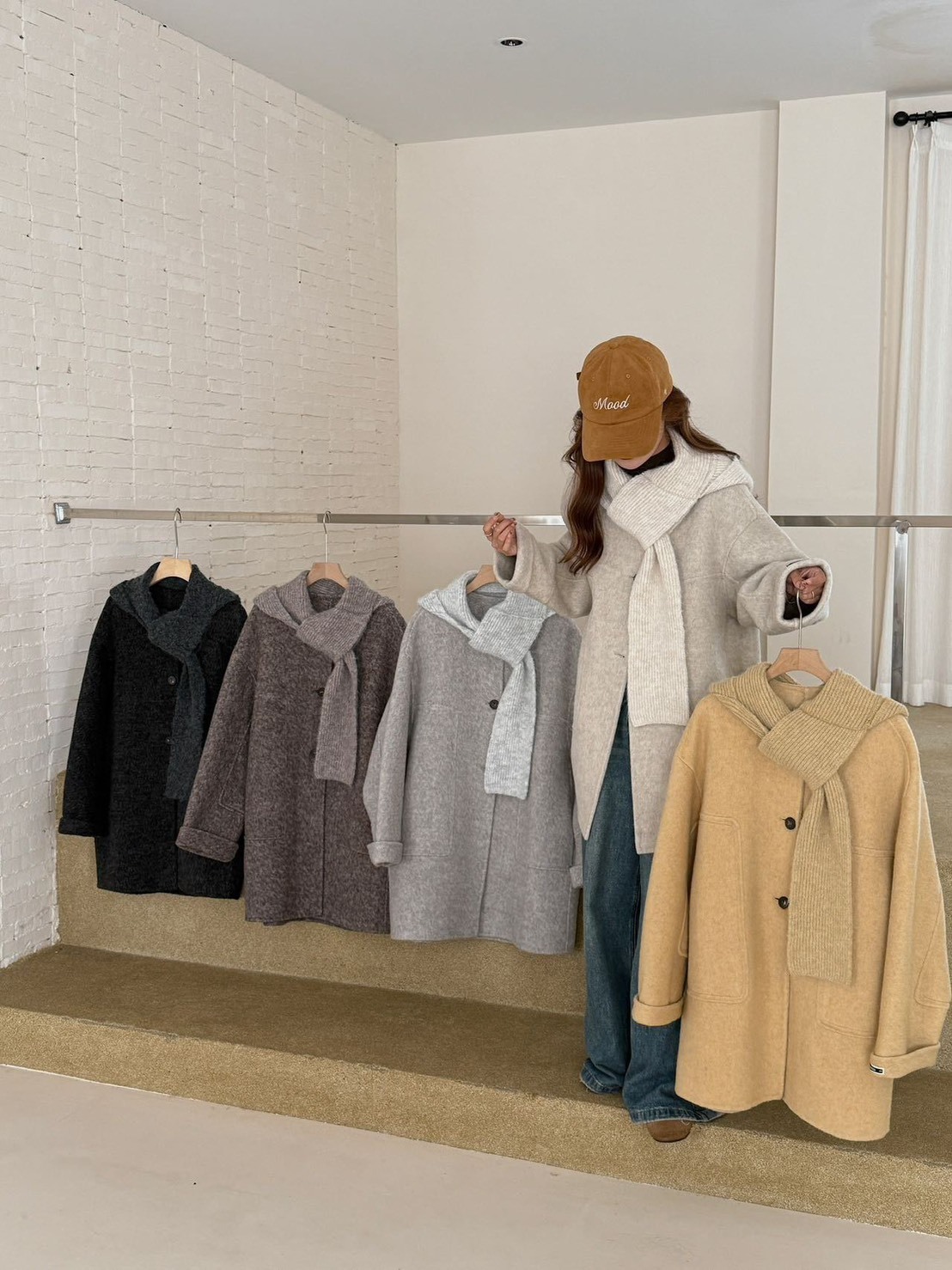 LYS-韓系單排扣針織圍巾中長款雙面羊毛大衣