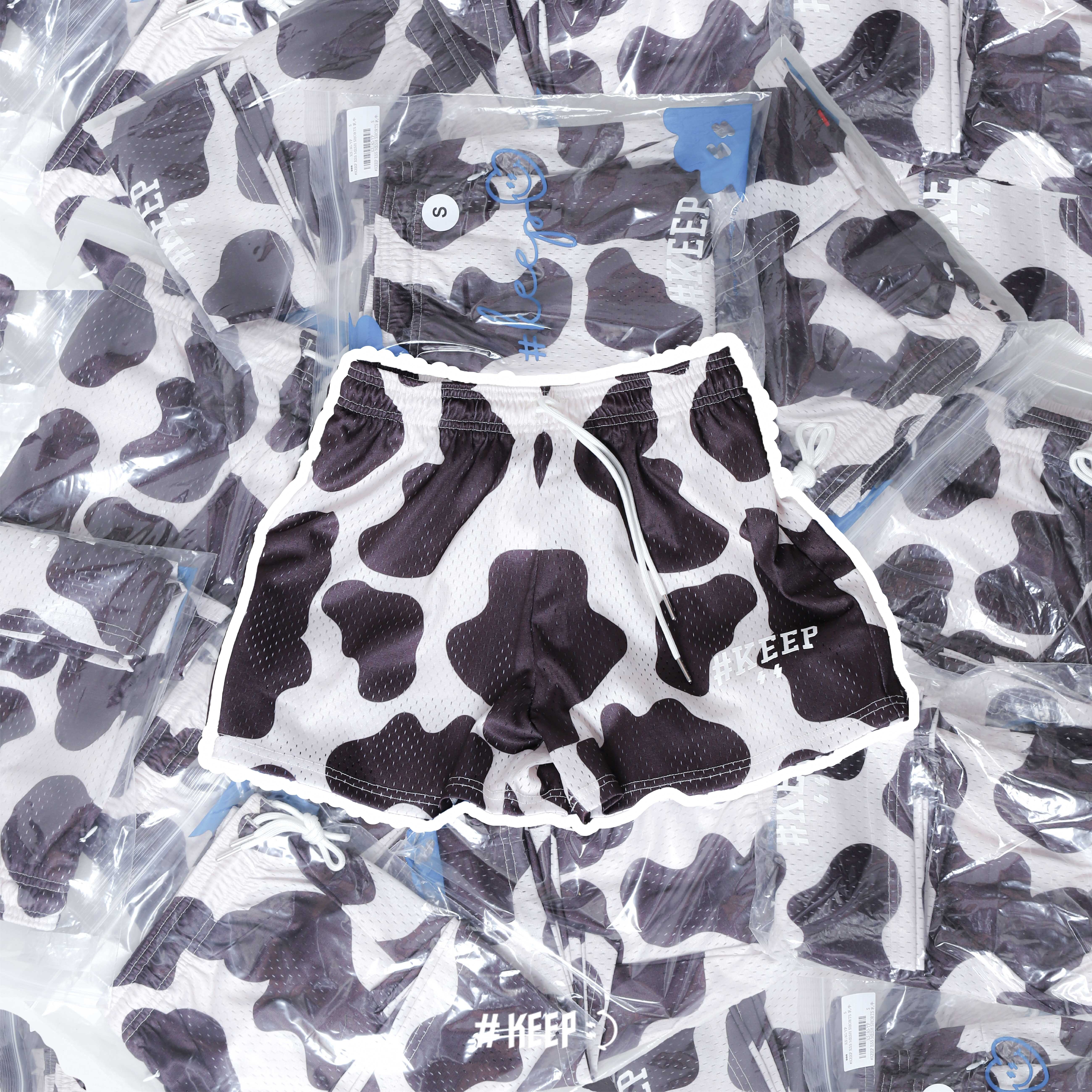 #KEEP ESS MESH PRINT SHORTS 咖啡色 乳牛 滿版 標語 刺繡 抽繩 網眼 膝上 運動 印花 短褲 球褲【KS180】ABshorts LUKA