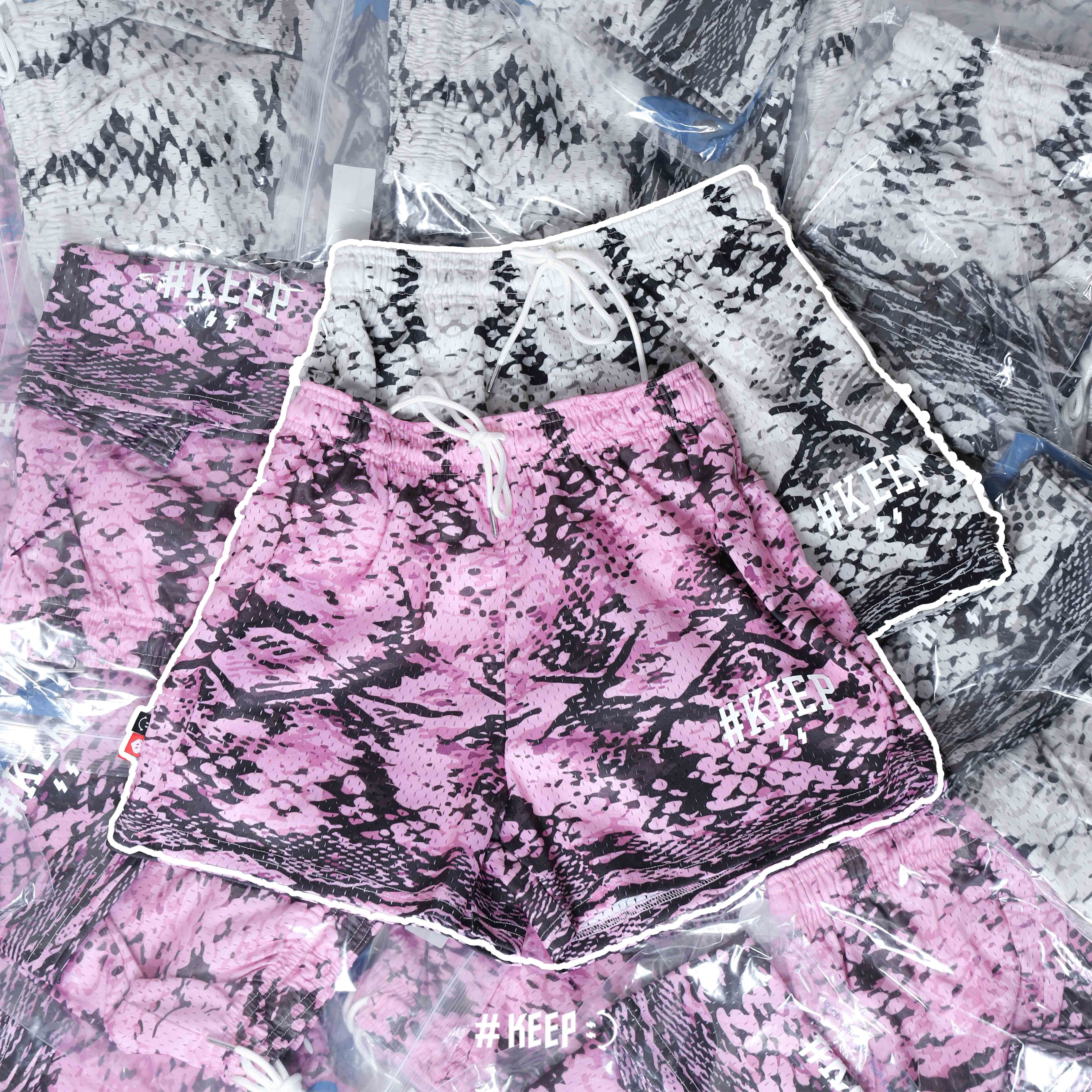 #KEEP ESS MESH PRINT SHORTS 褐色 粉色 蛇紋 滿版 標語 刺繡 抽繩 網眼 膝上 運動 印花 短褲 球褲【KS180】ABshorts