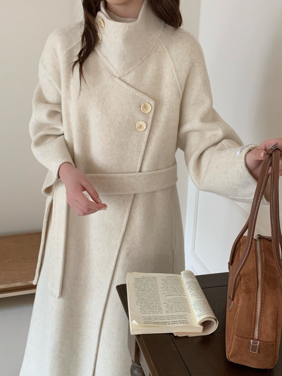 LYS-立領交疊扣長款雙面羊毛大衣