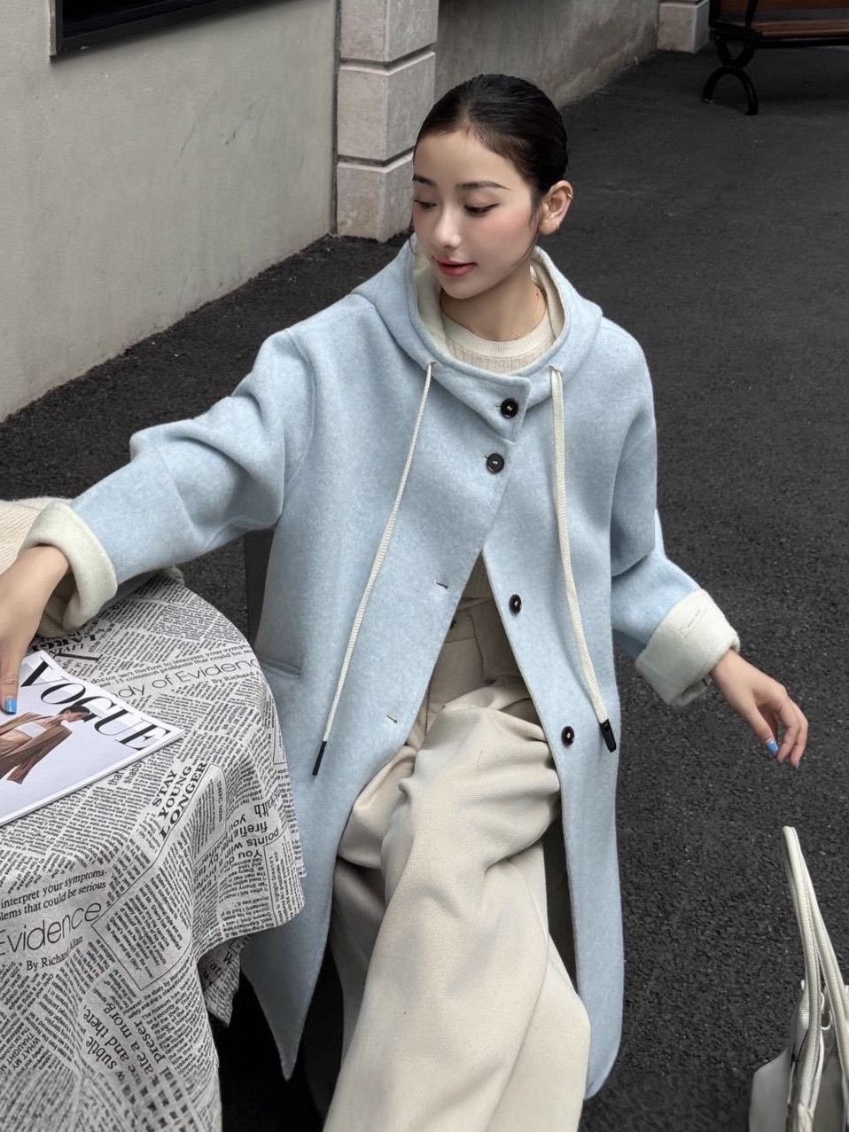 LYS-溫柔系立領連帽雙面羊毛大衣外套