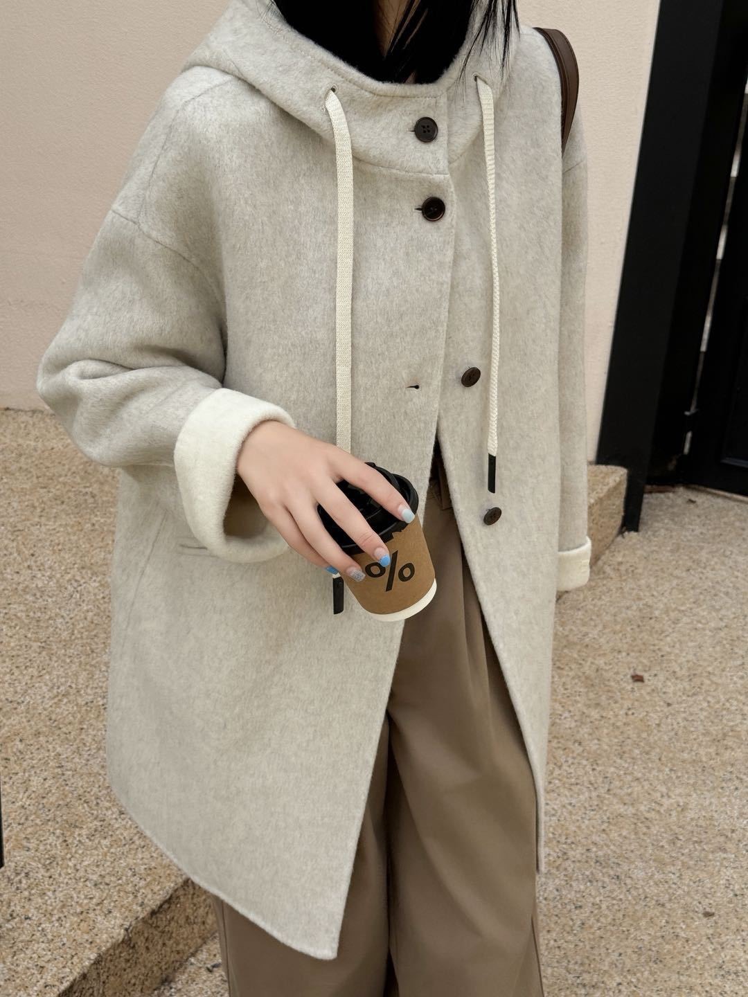 LYS-溫柔系立領連帽雙面羊毛大衣外套