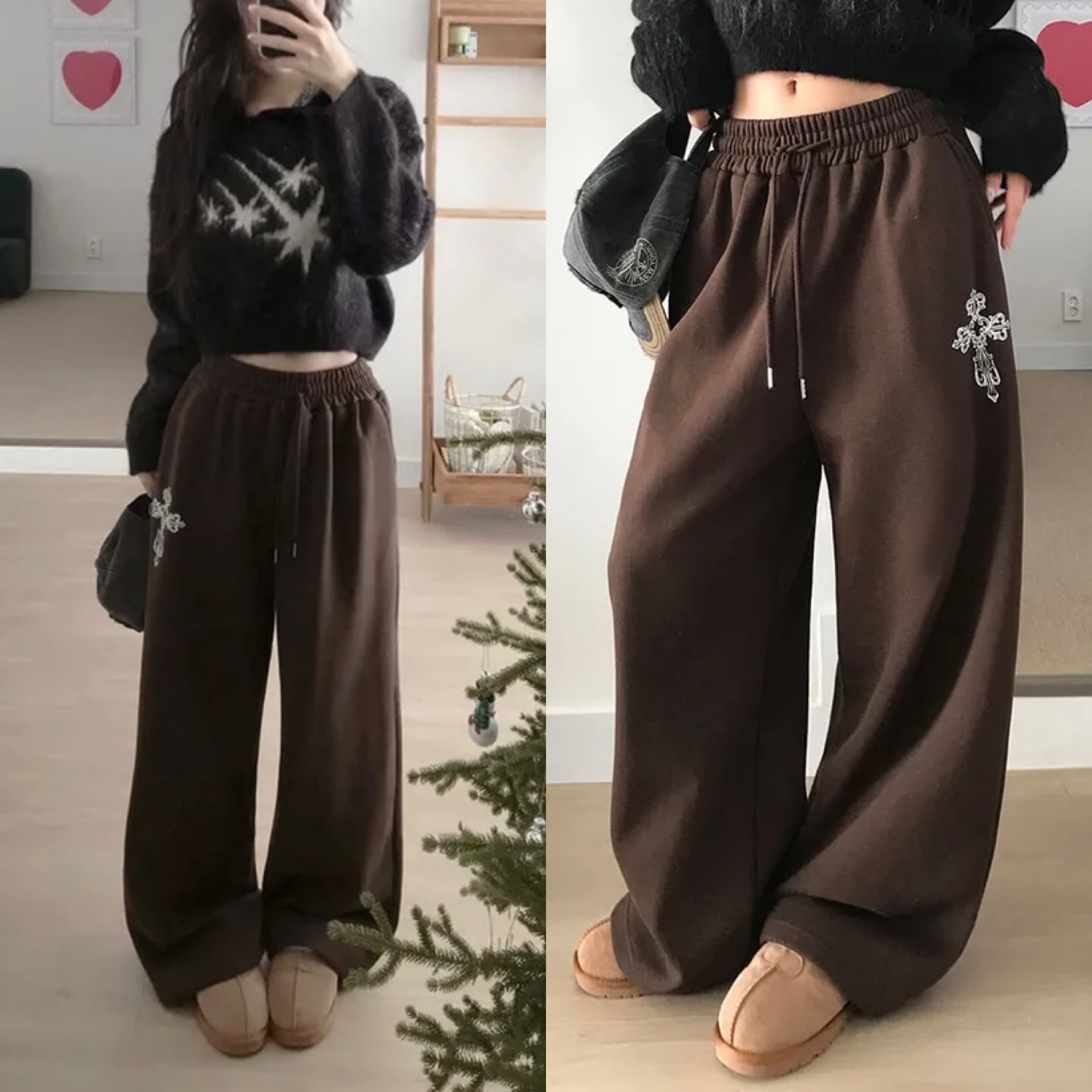 【優惠價預訂】韓國內有絨毛十字棉質長褲（4色）