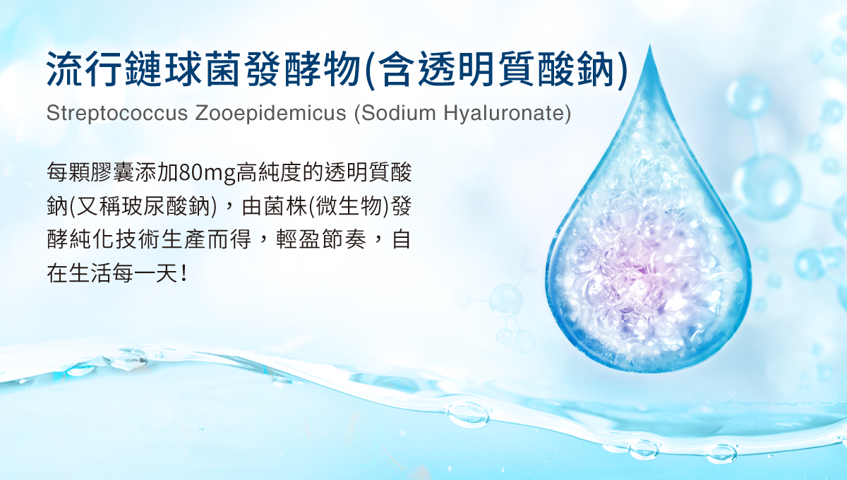 流行鏈球菌發酵物(含透明質酸鈉) 每顆膠囊添加80mg高純度的透明質酸鈉(又稱玻尿酸鈉)，由菌株(微生物)發酵純化技術生產而得，輕盈節奏，自在生活每一天！