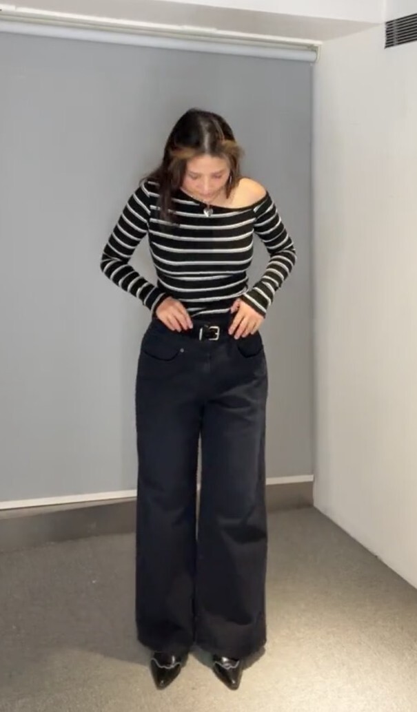 腰頭拼接寬管牛仔褲