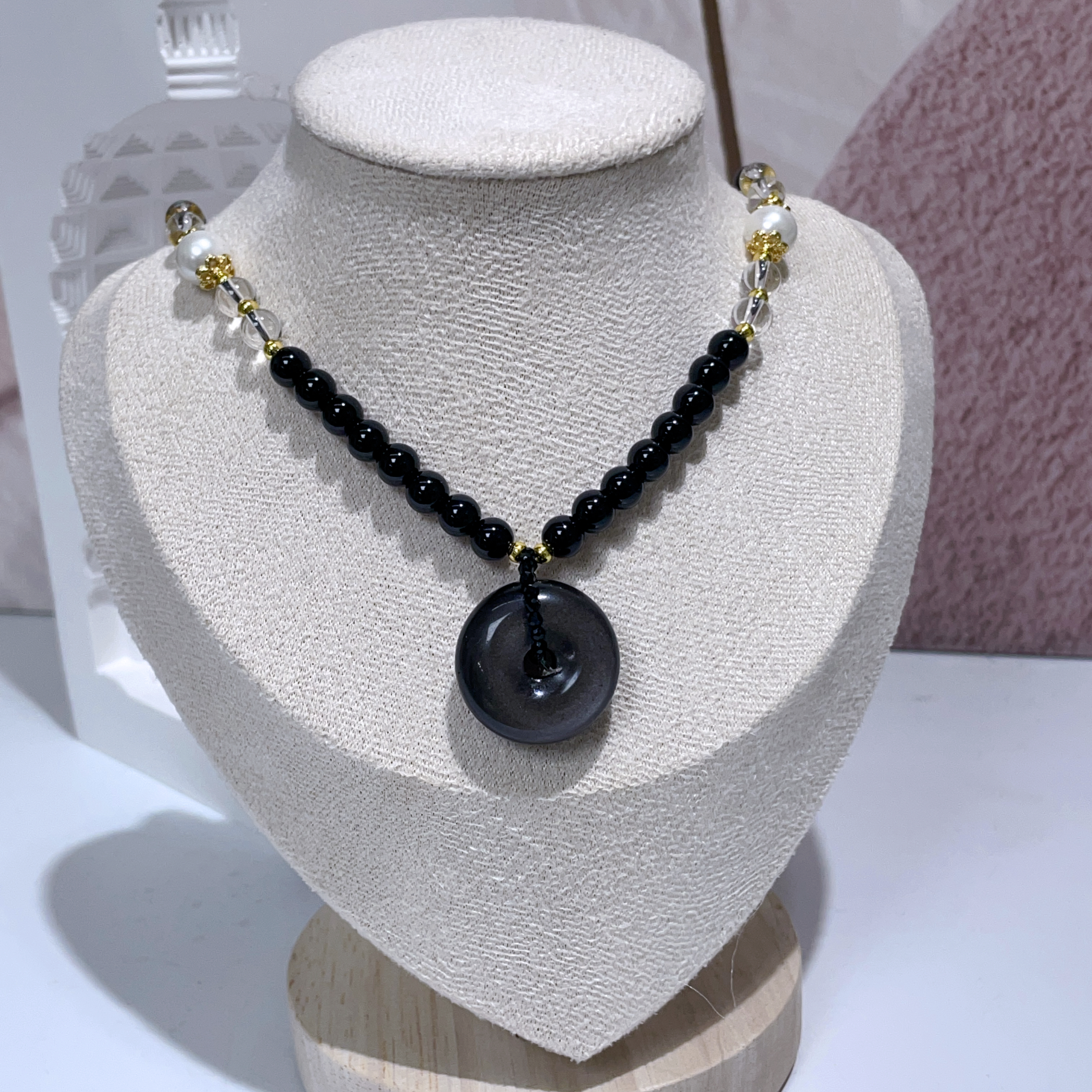 銀曜石平安扣拼黑曜石長頸鏈