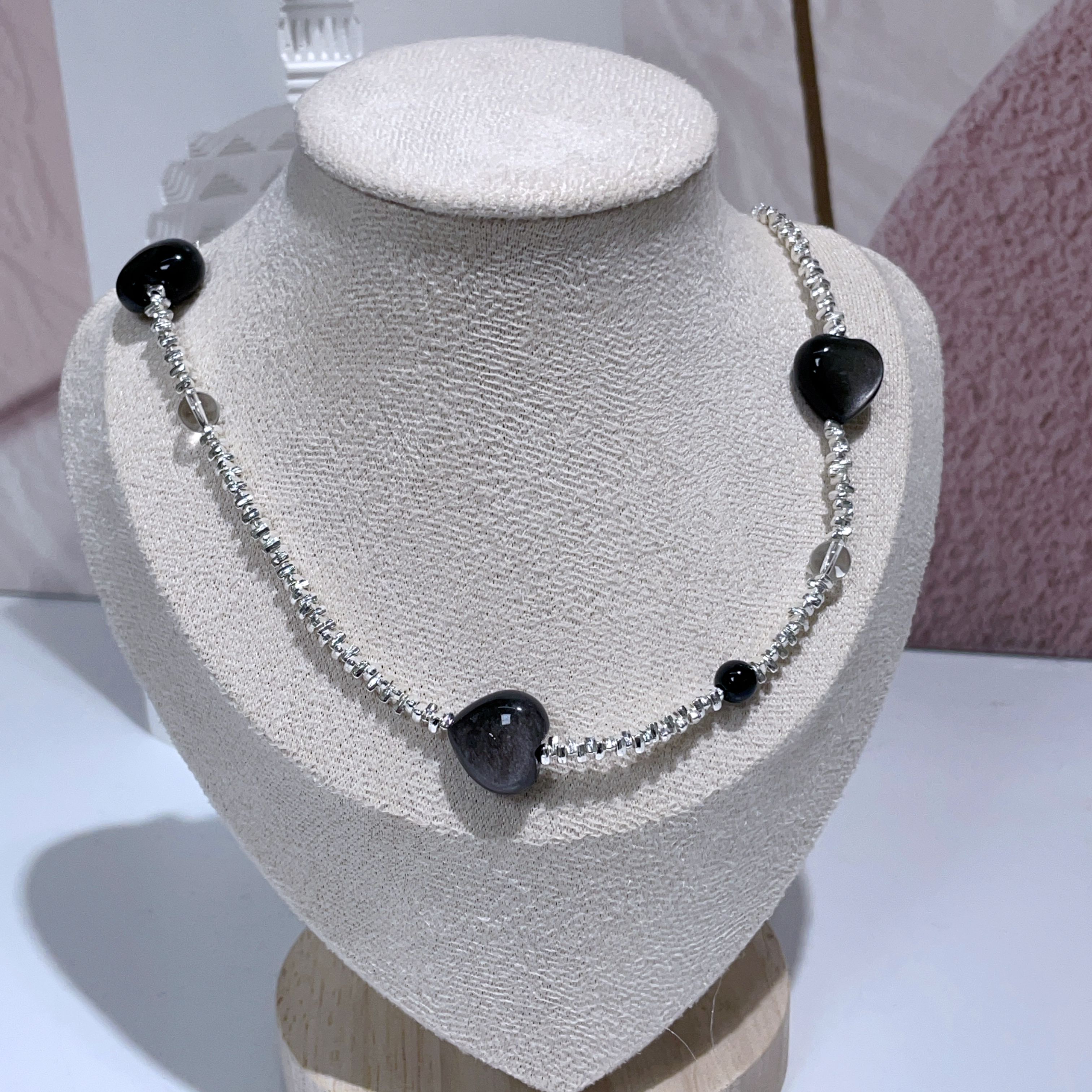 銀曜石心心間串碎銀子頸鏈 50cm