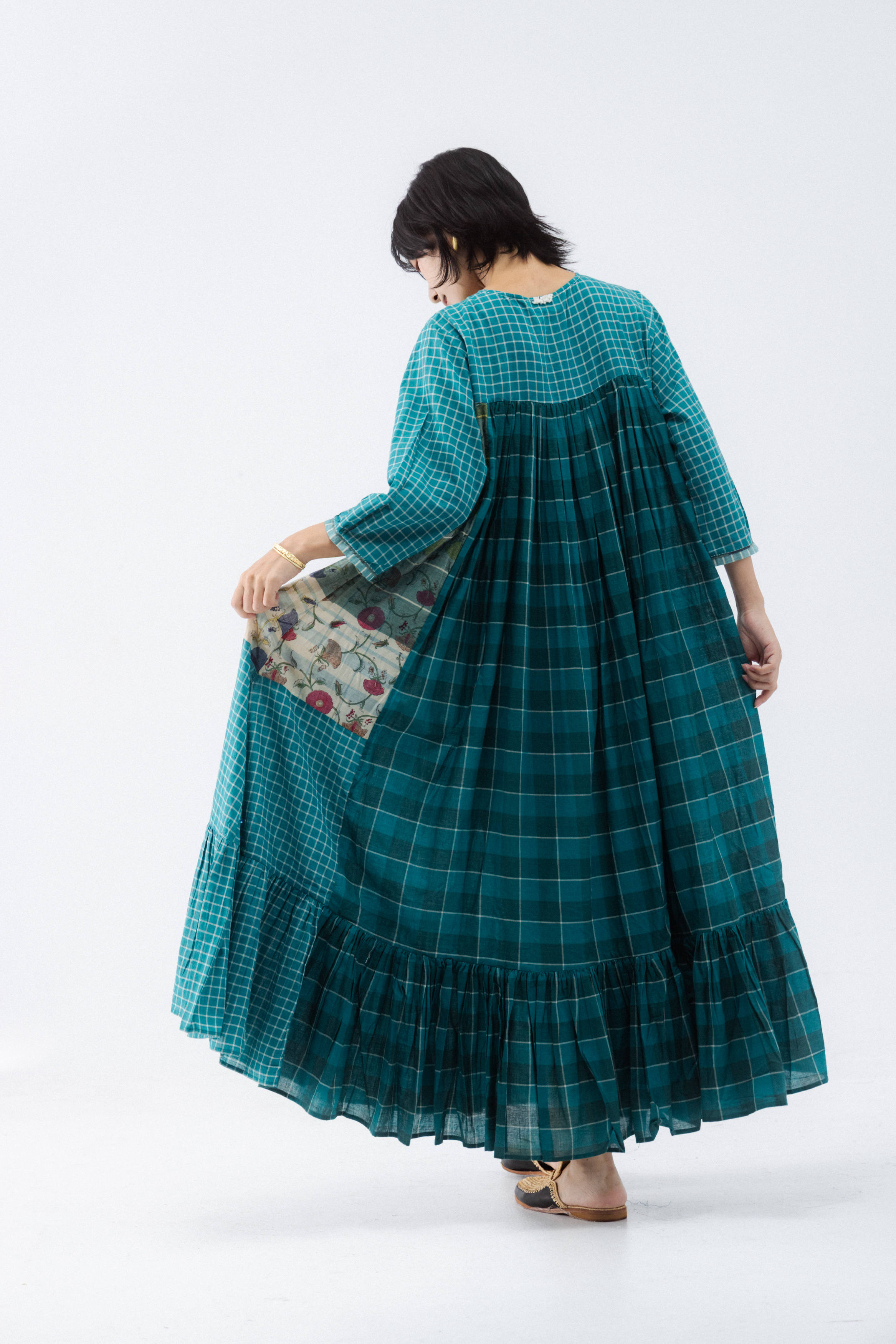 【Lotus veda】湖水藍綠拼接手織布長洋裝