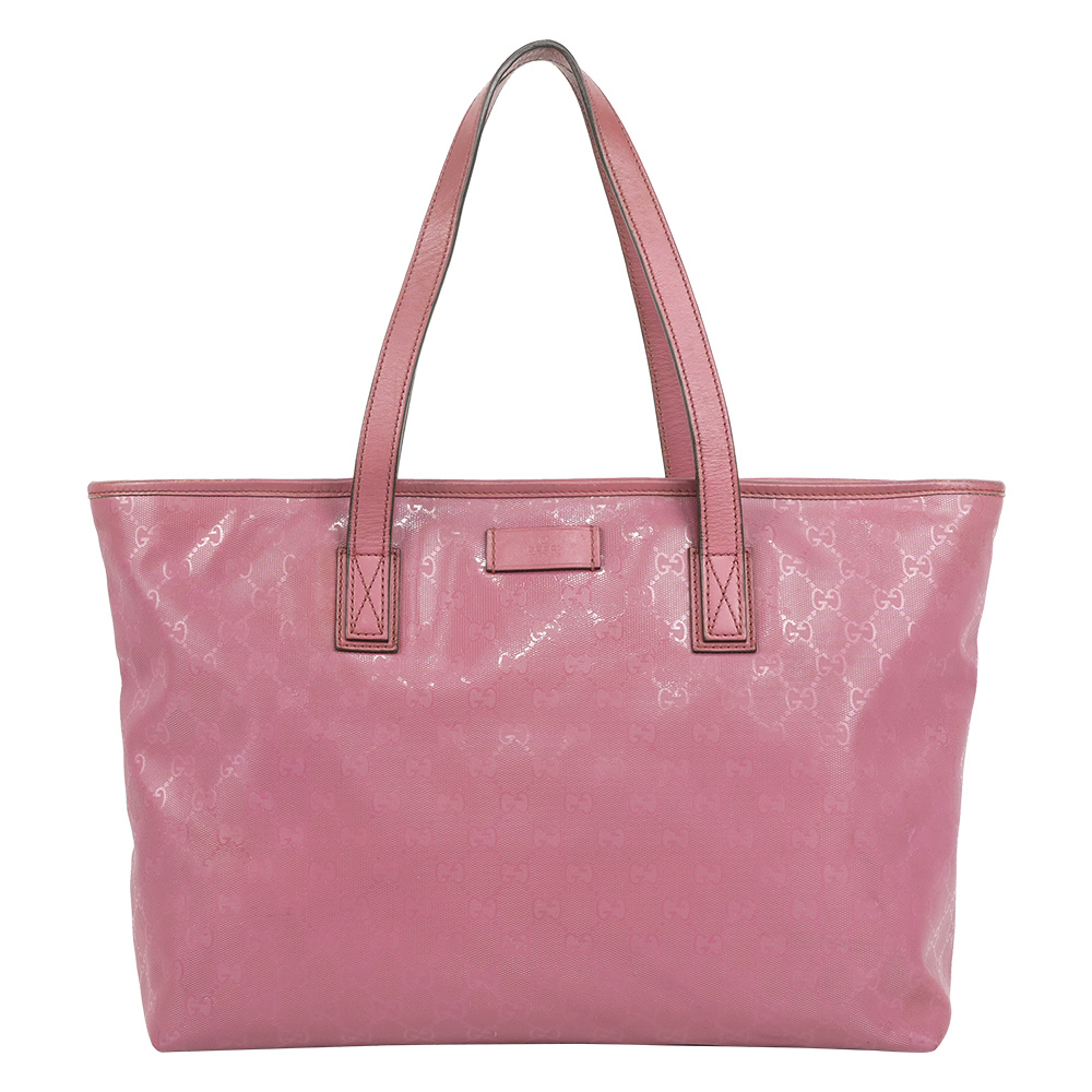 【GUCCI】GG Logo 亮面塗層帆布手提/肩背拉鍊購物包(粉紫色)