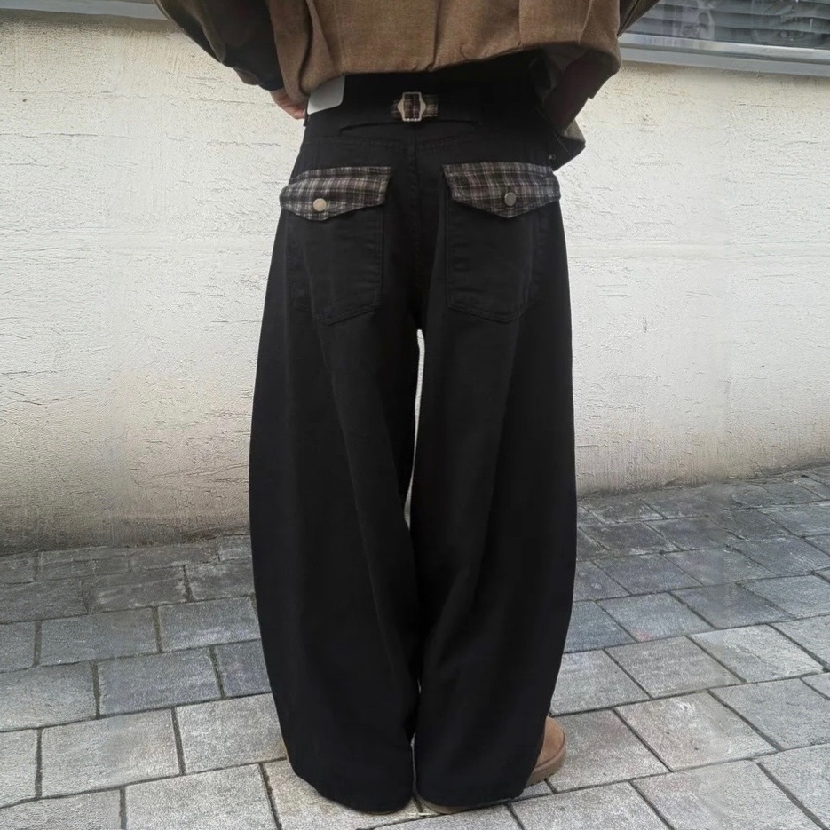 【優惠價預訂】韓國加絨格紋口袋彎刀褲（2色）