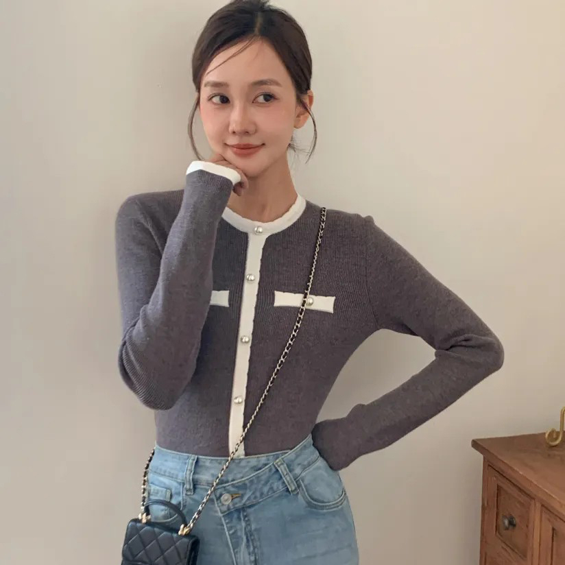 小香風配色滾邊珍珠排釦造型圓領上衣-F / 2色 (Elegant & Love)