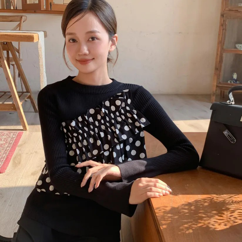假兩件配色點點荷葉背心造型長袖上衣-F / 2色 (Elegant & Love)