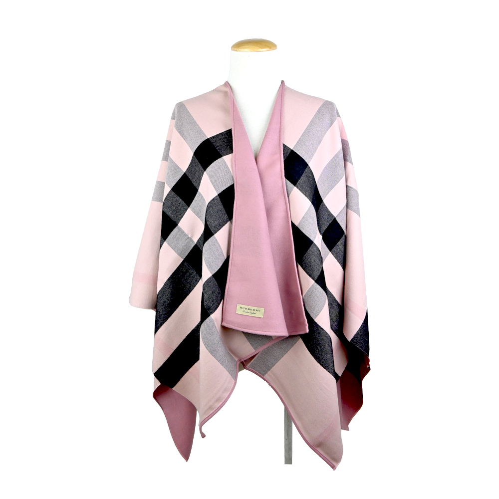 【JS’Maxx】BURBERRY 經典格紋雙色羊毛披肩/斗篷(粉)