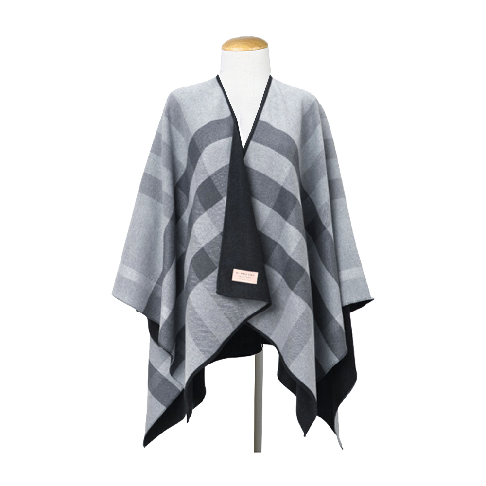 【JS’Maxx】BURBERRY 經典格紋雙色羊毛披肩/斗篷(黑/灰)