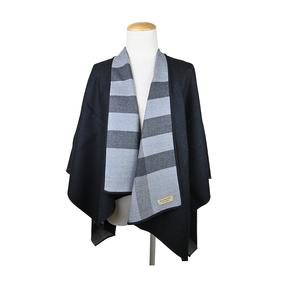【JS’Maxx】BURBERRY 經典格紋雙色羊毛披肩/斗篷(黑/灰)