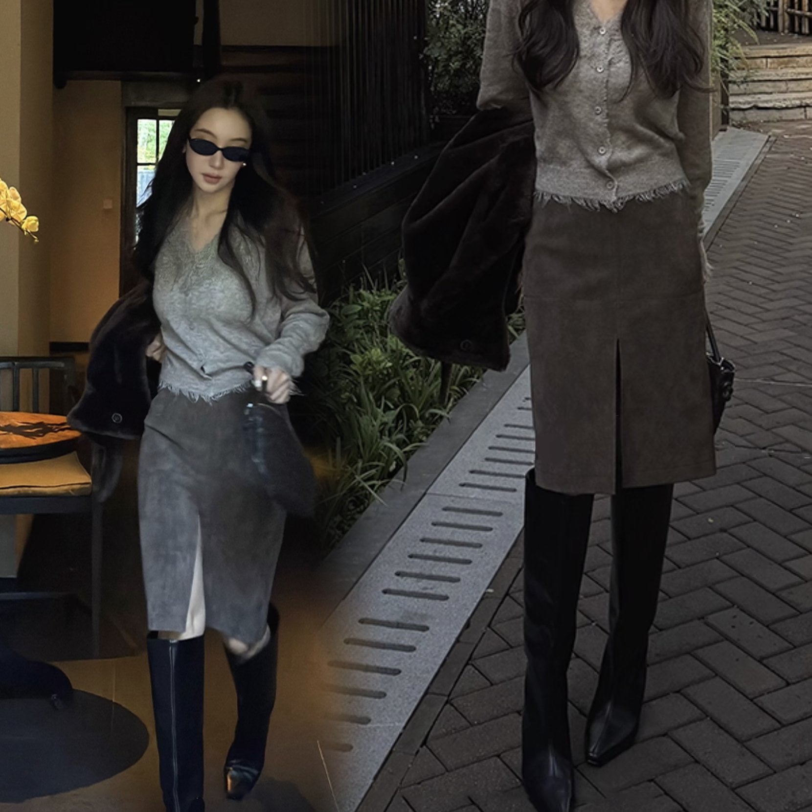 質感巧克力色前開衩造型PU麂皮長裙-S-XL (Elegant & Love)