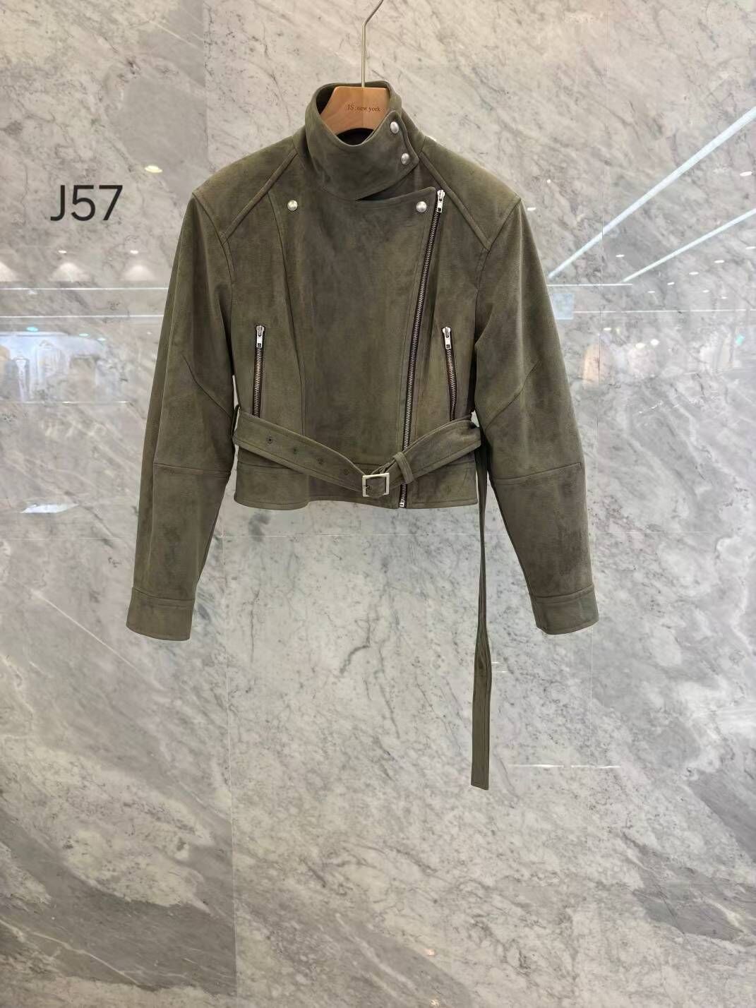 JN5230 方扣腰帶側拉鏈麂皮外套