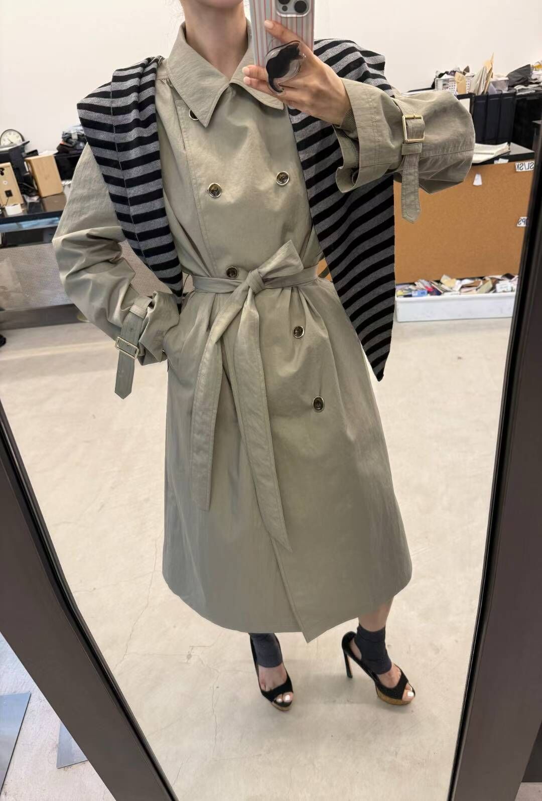 JN5237 氣質雙排釦綁腰帶翻領長外套