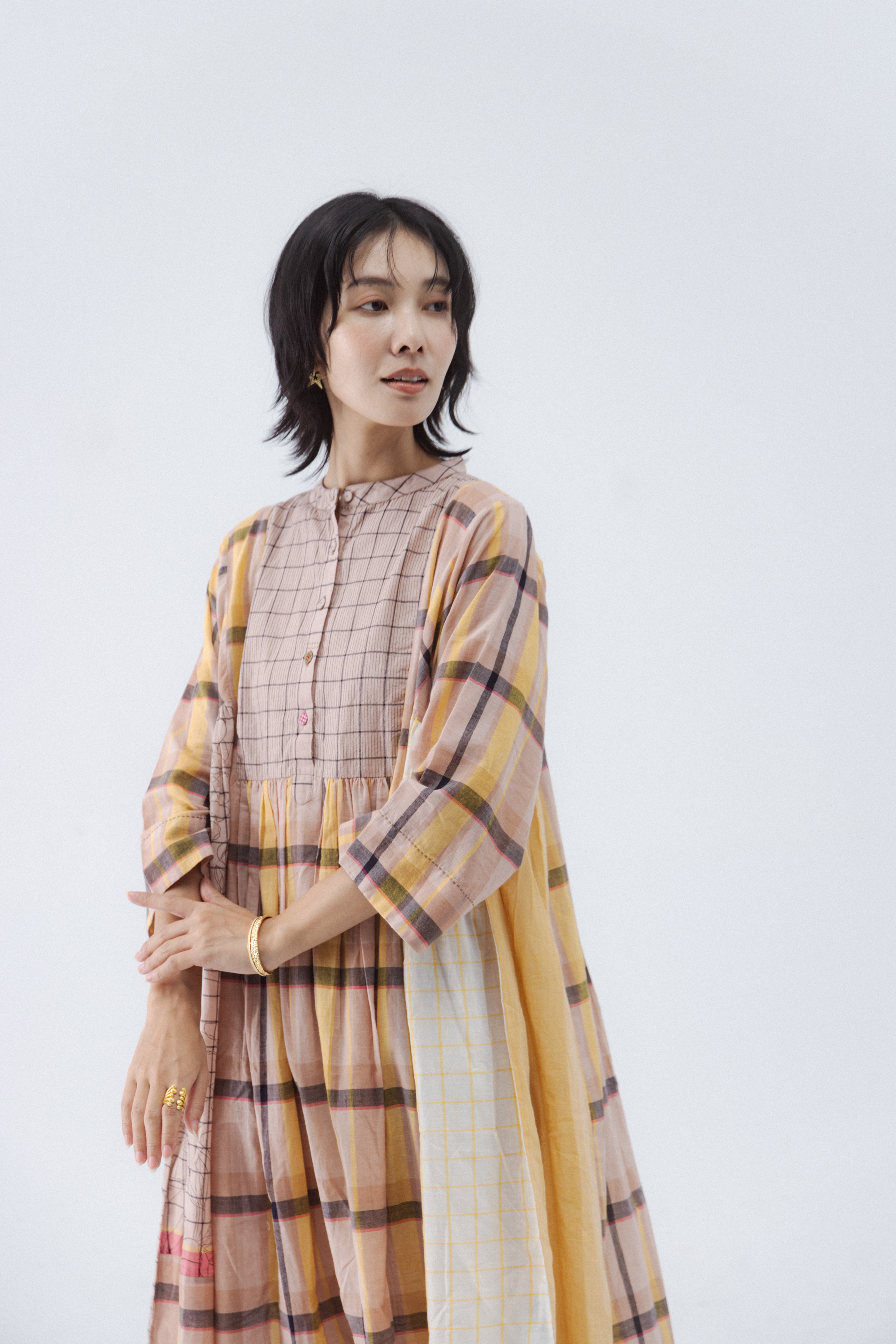 【Lotus veda】粉格紋圓領拼接七分袖洋裝