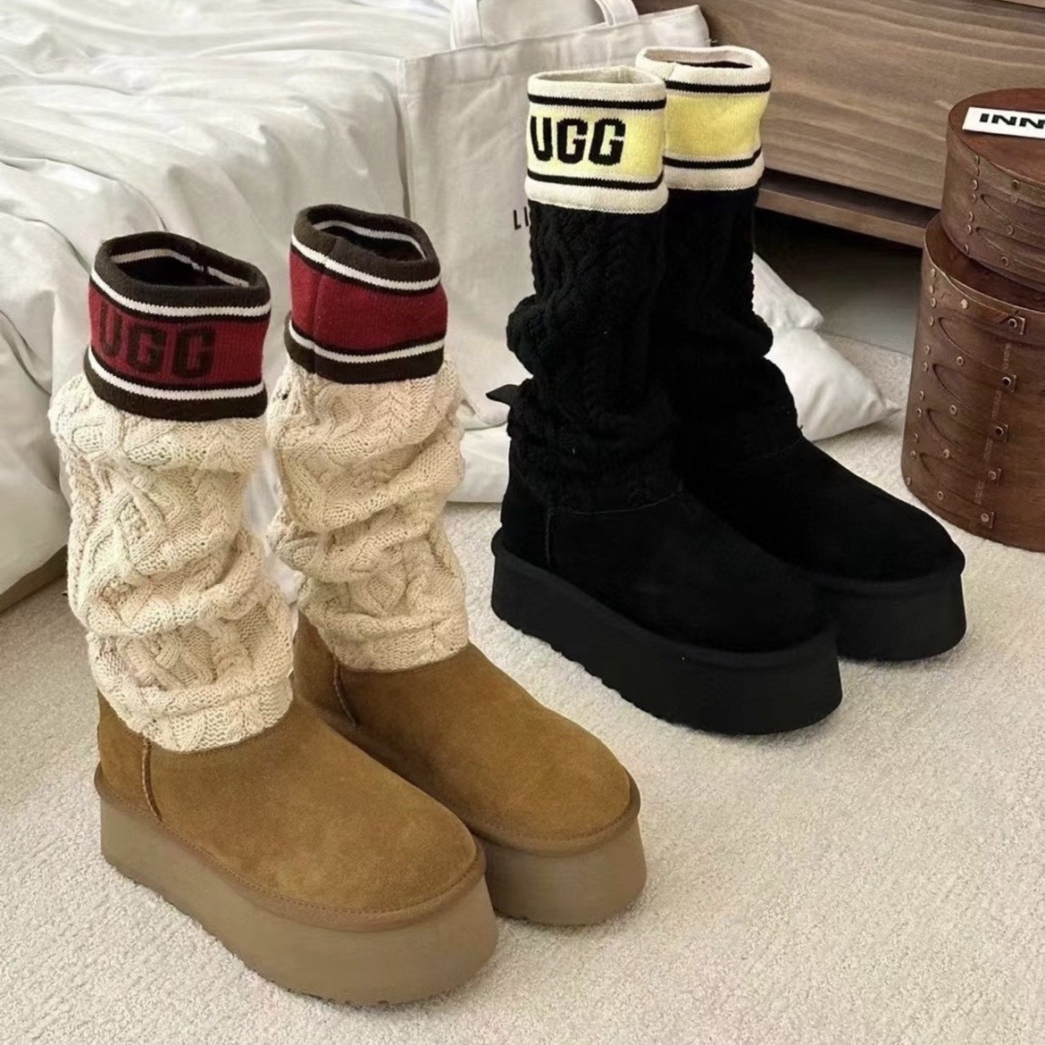 【代購】UGG Classic Sweater Letter Tall Boot｜針織 Logo 長筒靴｜女款(棕/黑)