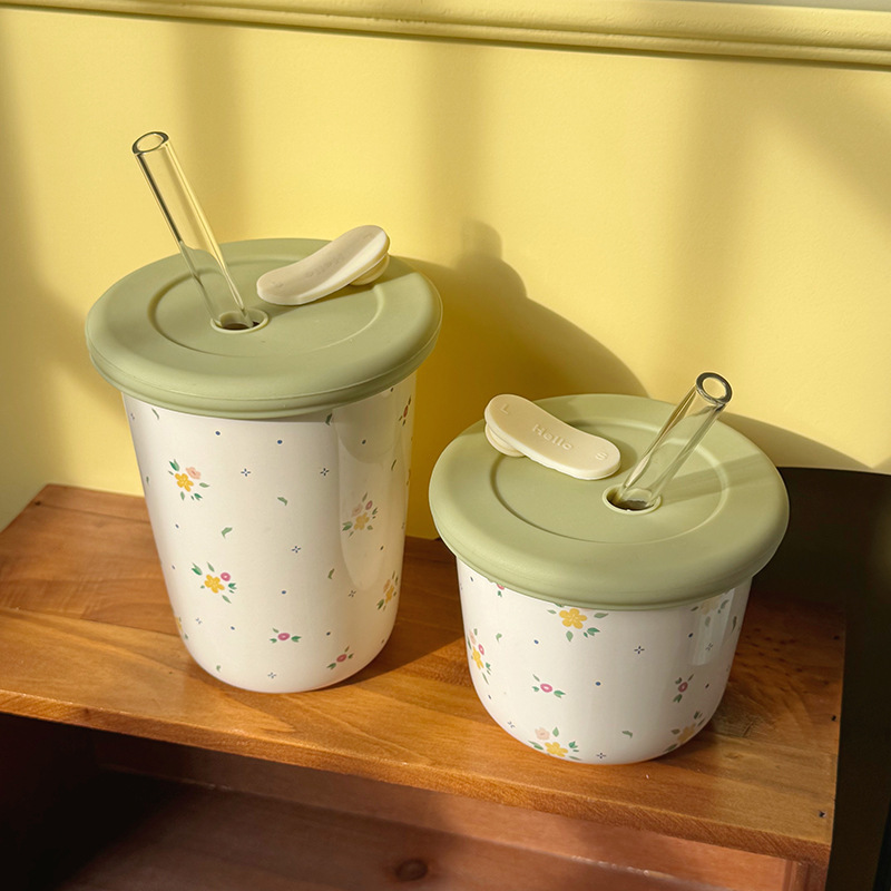 《6391》蘋果碎花密封蓋陶瓷吸管杯