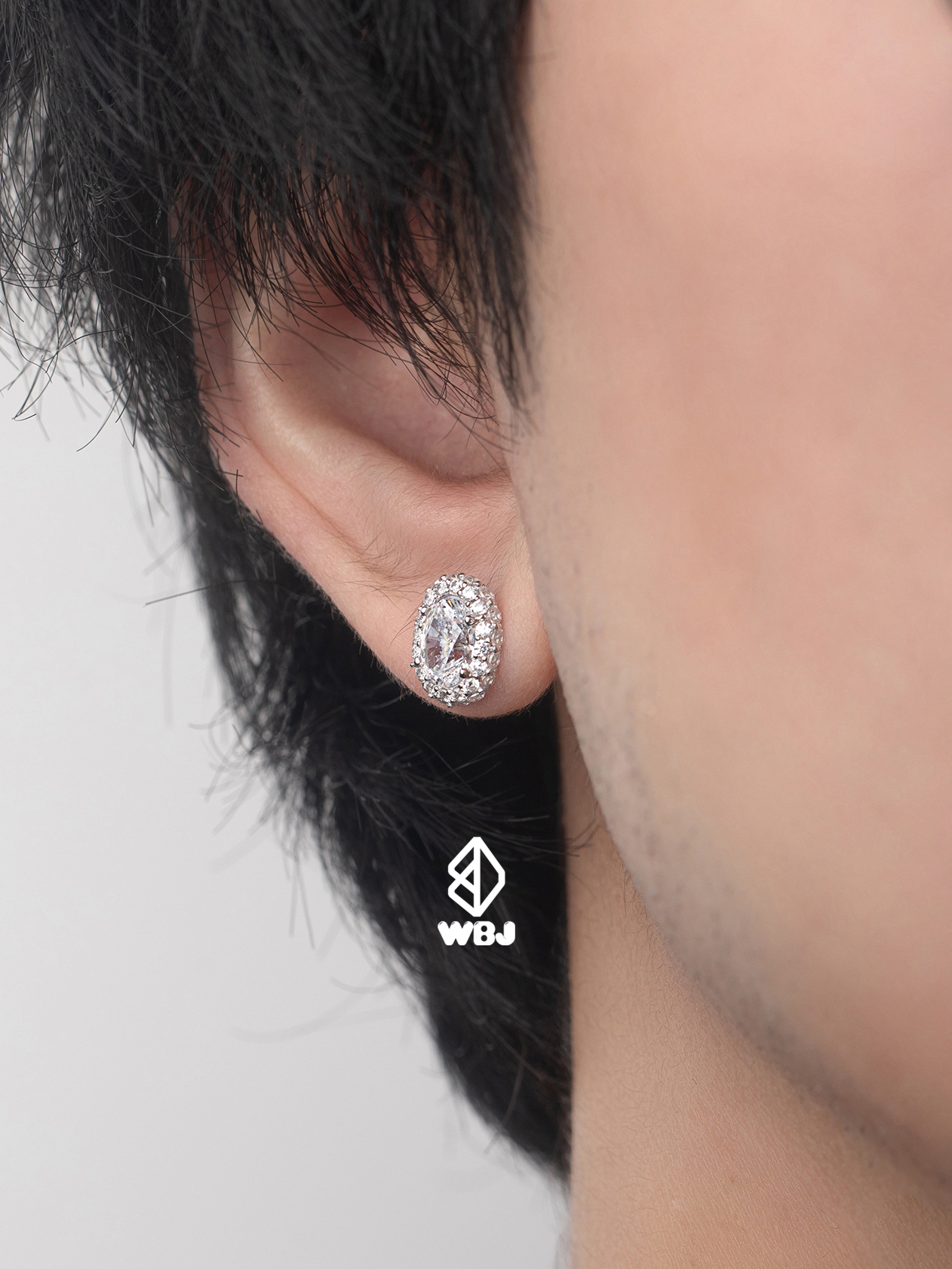 純銀群鑲橢圓形寶石耳釘 925銀 電鍍18K白金