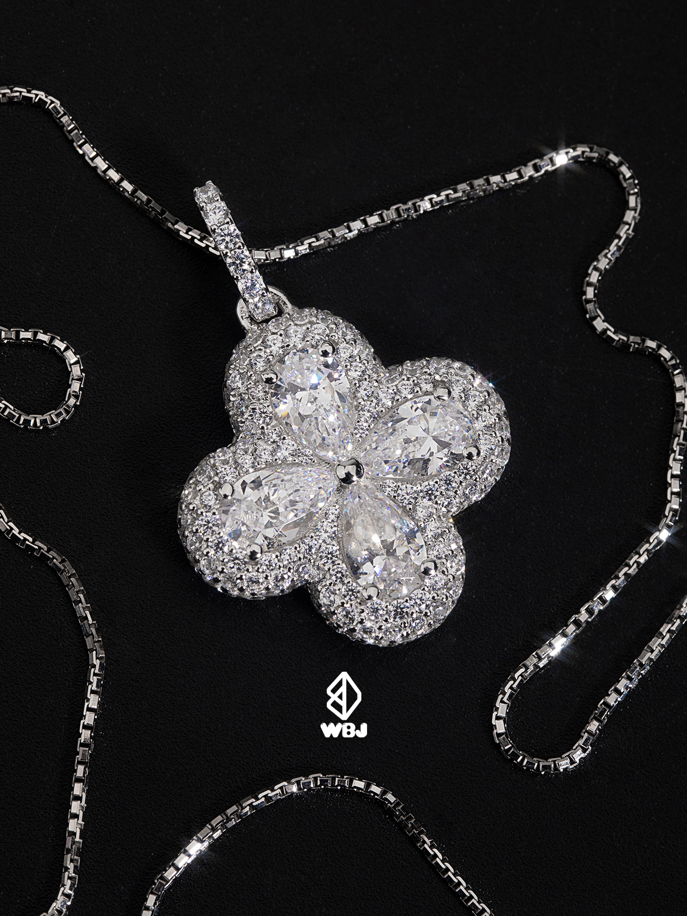 WBJ訂製珠寶 幸運草群鑲吊墜-白色 925純銀電鍍18K白金項鍊