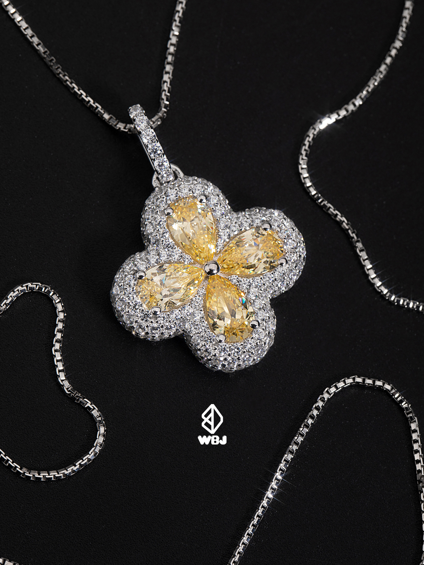 WBJ訂製珠寶 幸運草群鑲吊墜-黃色 925純銀電鍍18K白金項鍊