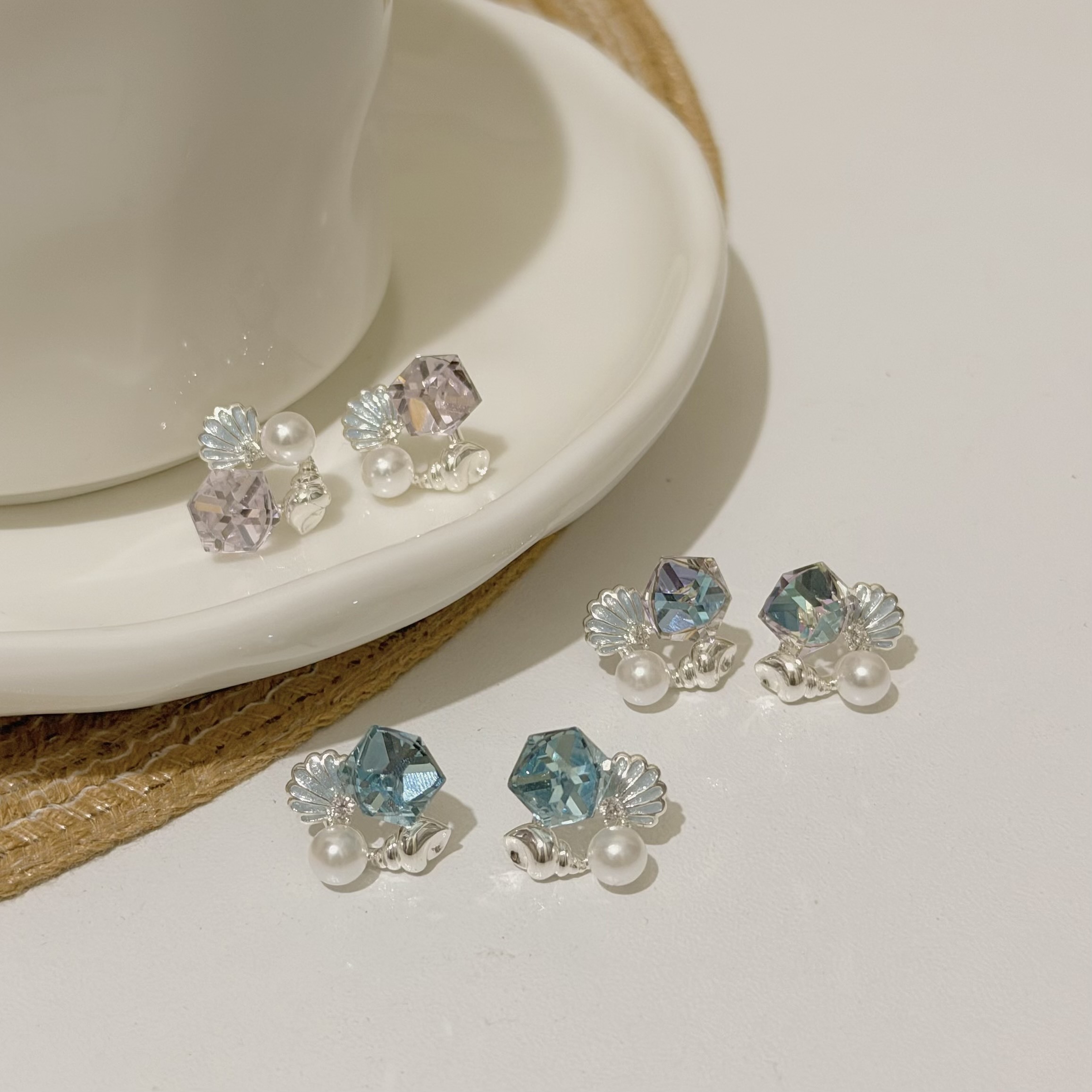 Z109水晶方塊貝殼珍珠耳針