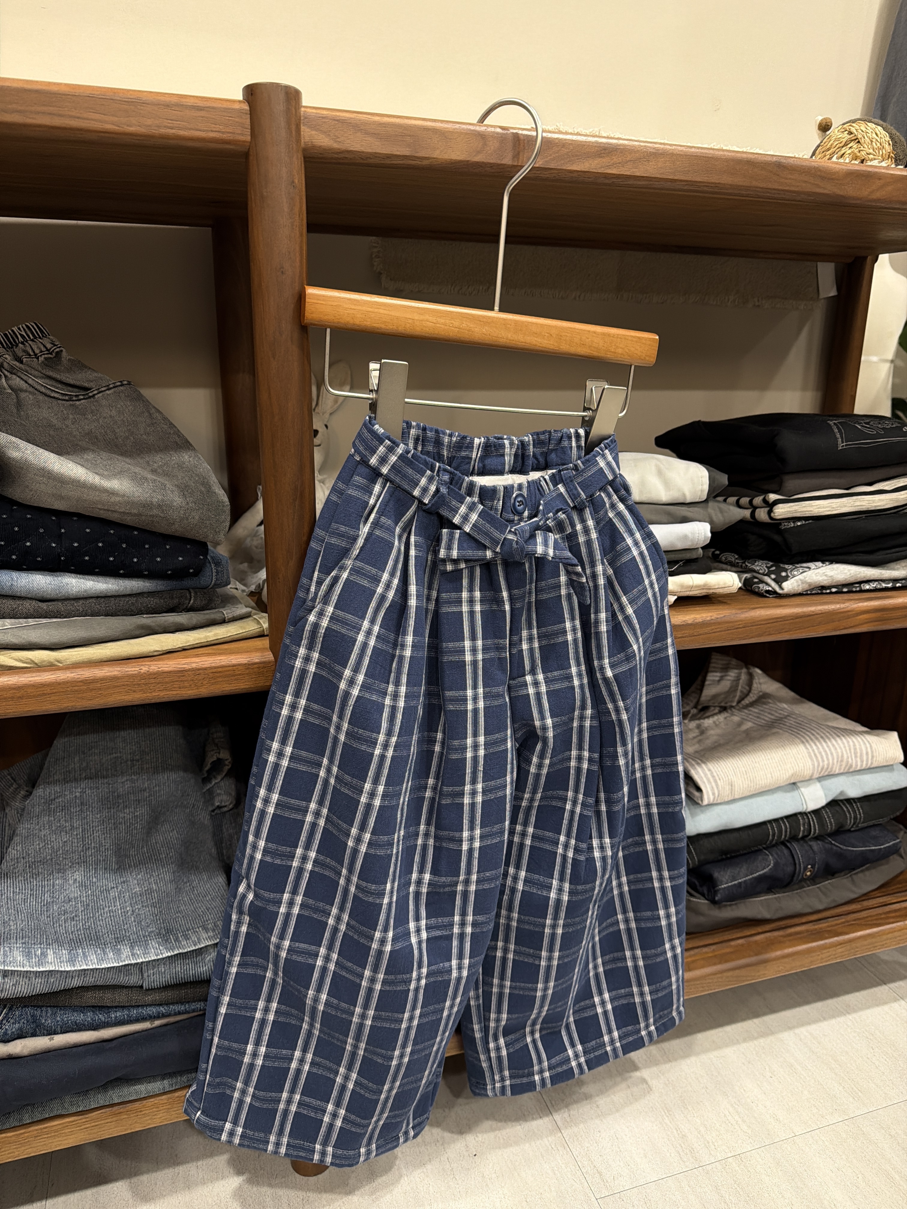 A03600格紋綁帶內薄絨褲