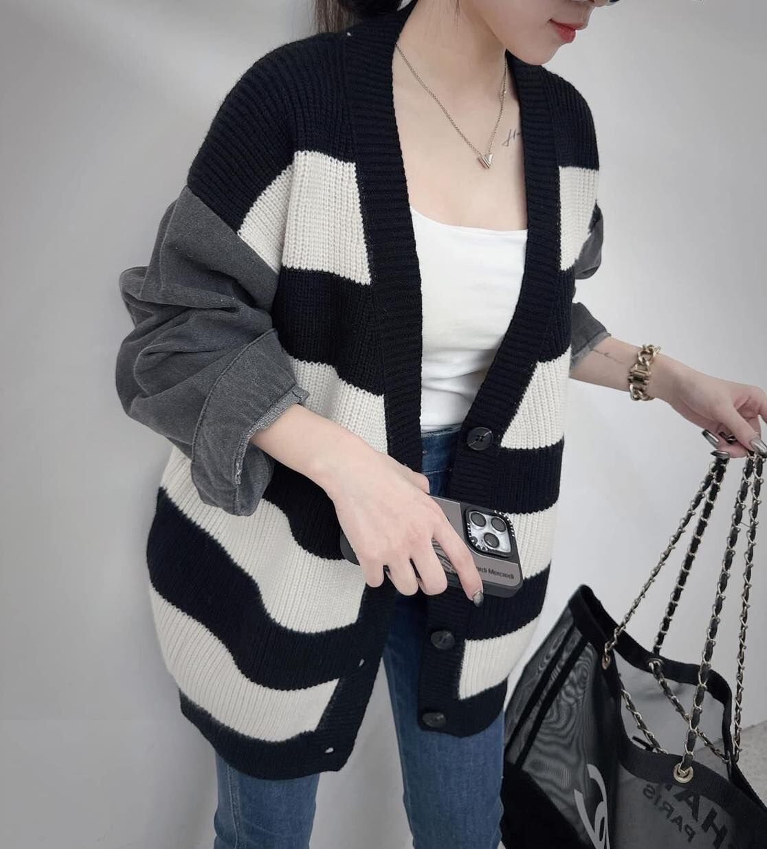 【時髦必備的異材質拼接牛仔針織外套】（現貨）