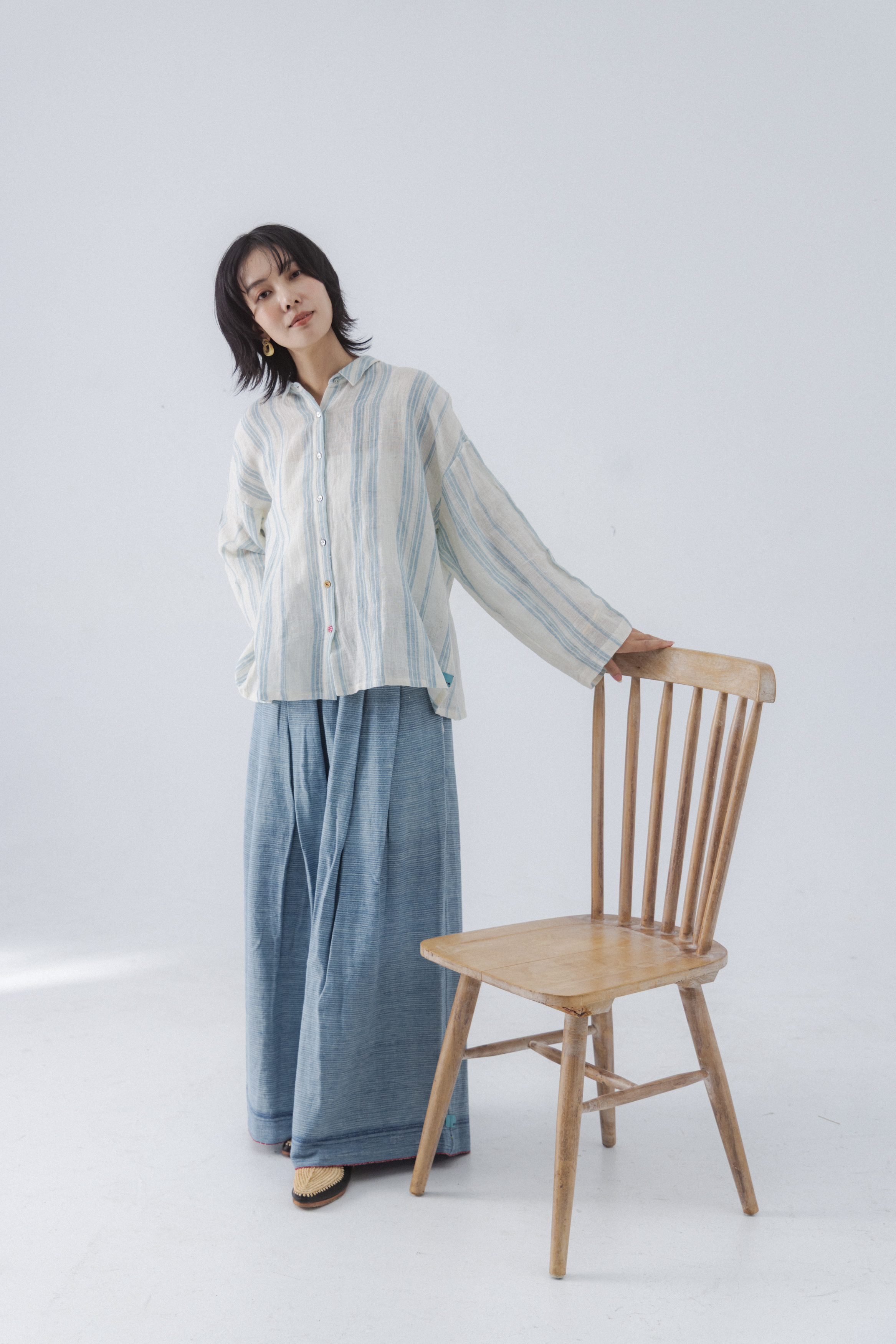 【Lotus veda】手織布棉麻米藍直條上衣