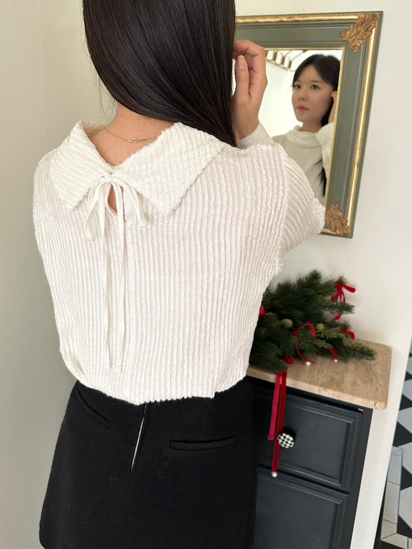 SG5240 兩著翻領蝴蝶綁帶暗坑紋上衣