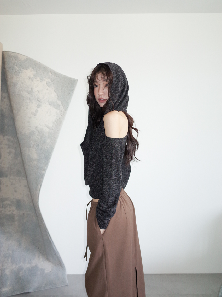 asymmetric hooded double-drape melange knit top